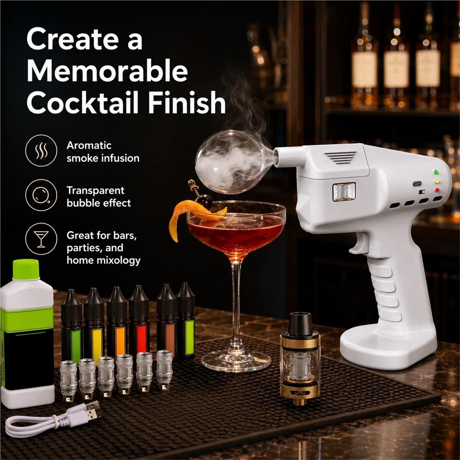 Pistolet do Wędzenia na Zimno Smoker Gun Zestaw do Koktajli Generator Dymu do Drinków i Jedzenia Akcesoria Barmańskie Kuchnia Molekularna Prezent dla Miłośnika Whisky
