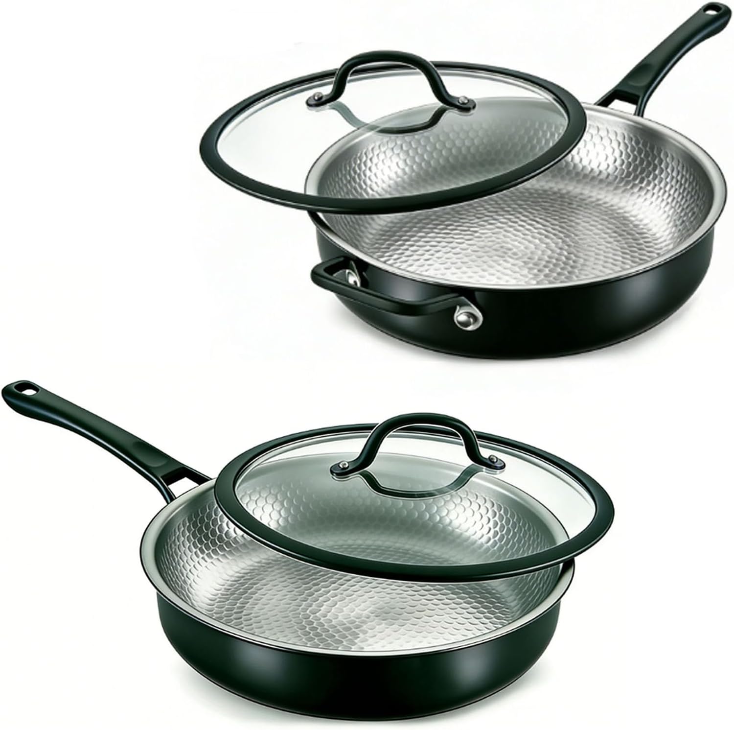 Titanium Hammered Pro Pan set with Lid, 8+10+12Inch No Coating Non-Stick Pure Titanium Cookware, Non-Toxic Skillet for Cooking, Dishwasher&Oven Safe, Works on All Stoves,10+12in w/lid