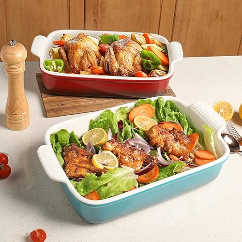 Miniatura 4 de Sweejar Plato de cerámica para hornear, cazuela para horno, bandeja rectangular para lasaña profunda de 9 x 13 pulgadas, utensilios para hornear con