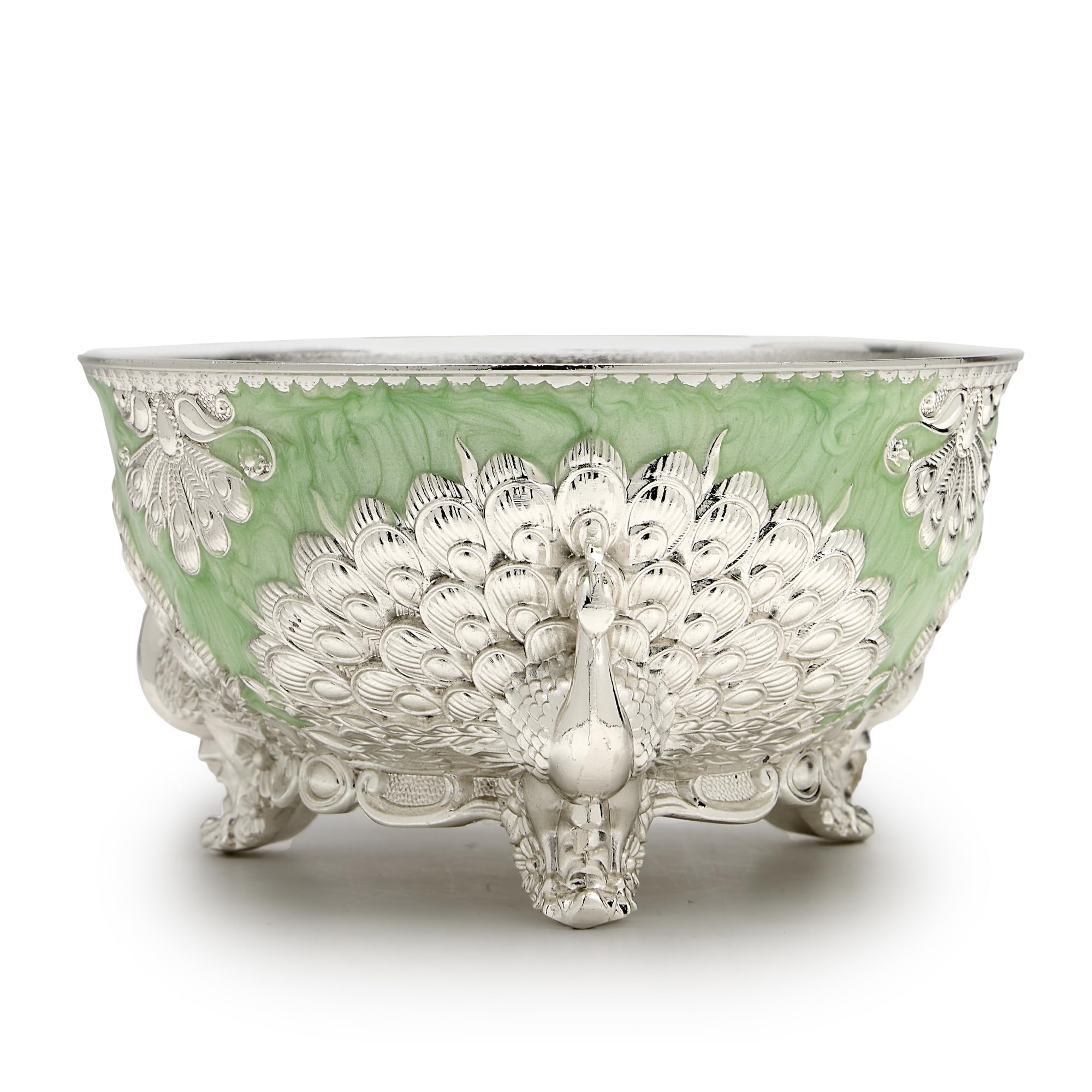 Dora Gifting Luxury Silver Plated Peacock Design Uruli Decorative Bowl for Home Decor, Enamel Plated Serving Bowl for Center Table, Home décor, Dessert Bowl, Snack Bowls, Color- Green