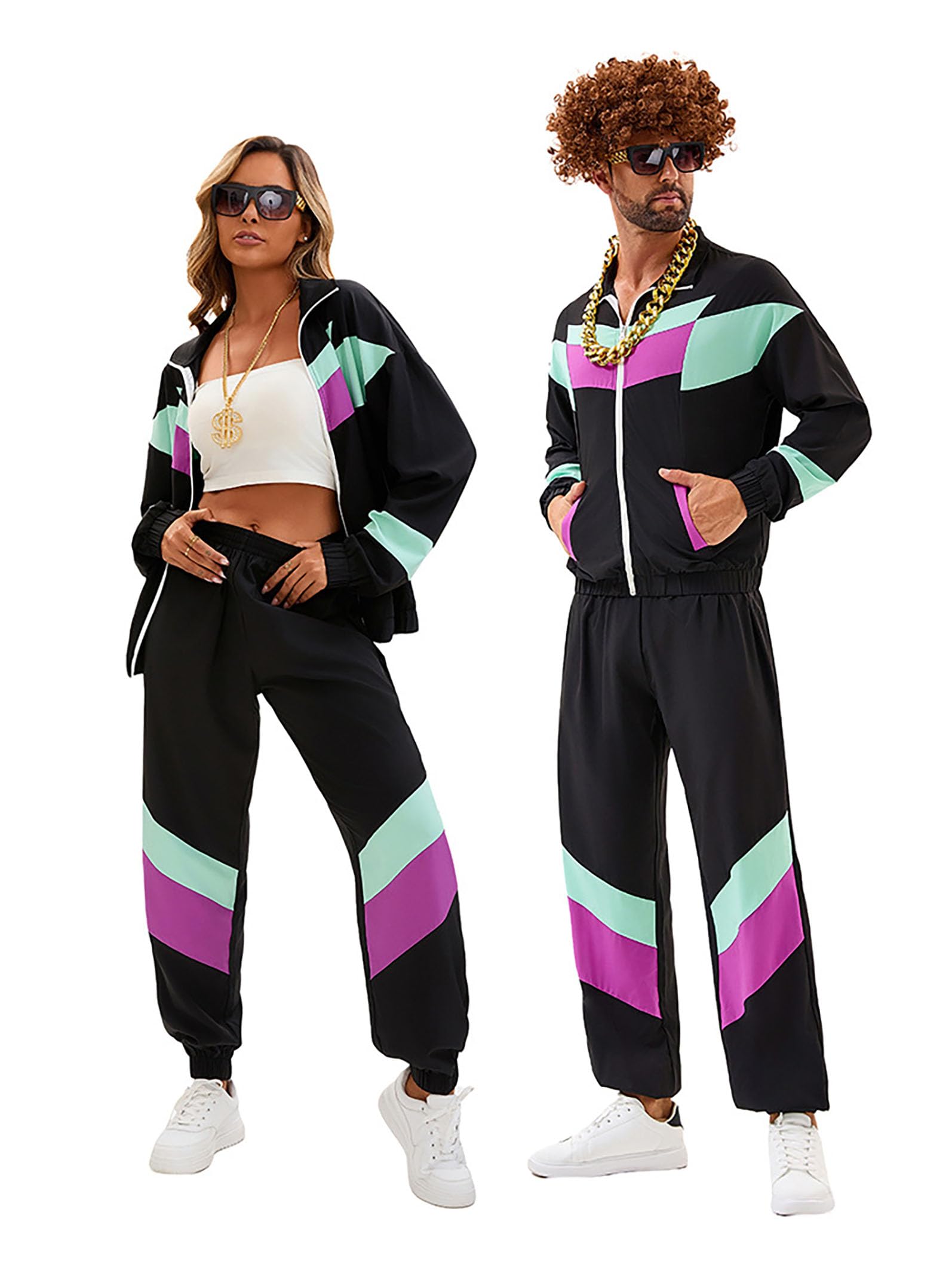 Velcoxplay 80s Costume Women's Tracksuit Disco, 80s 90s Retro Suit Jacket Trousers Suit Style Jogging Suit for Carnival Fancy Dress Costume Black S
