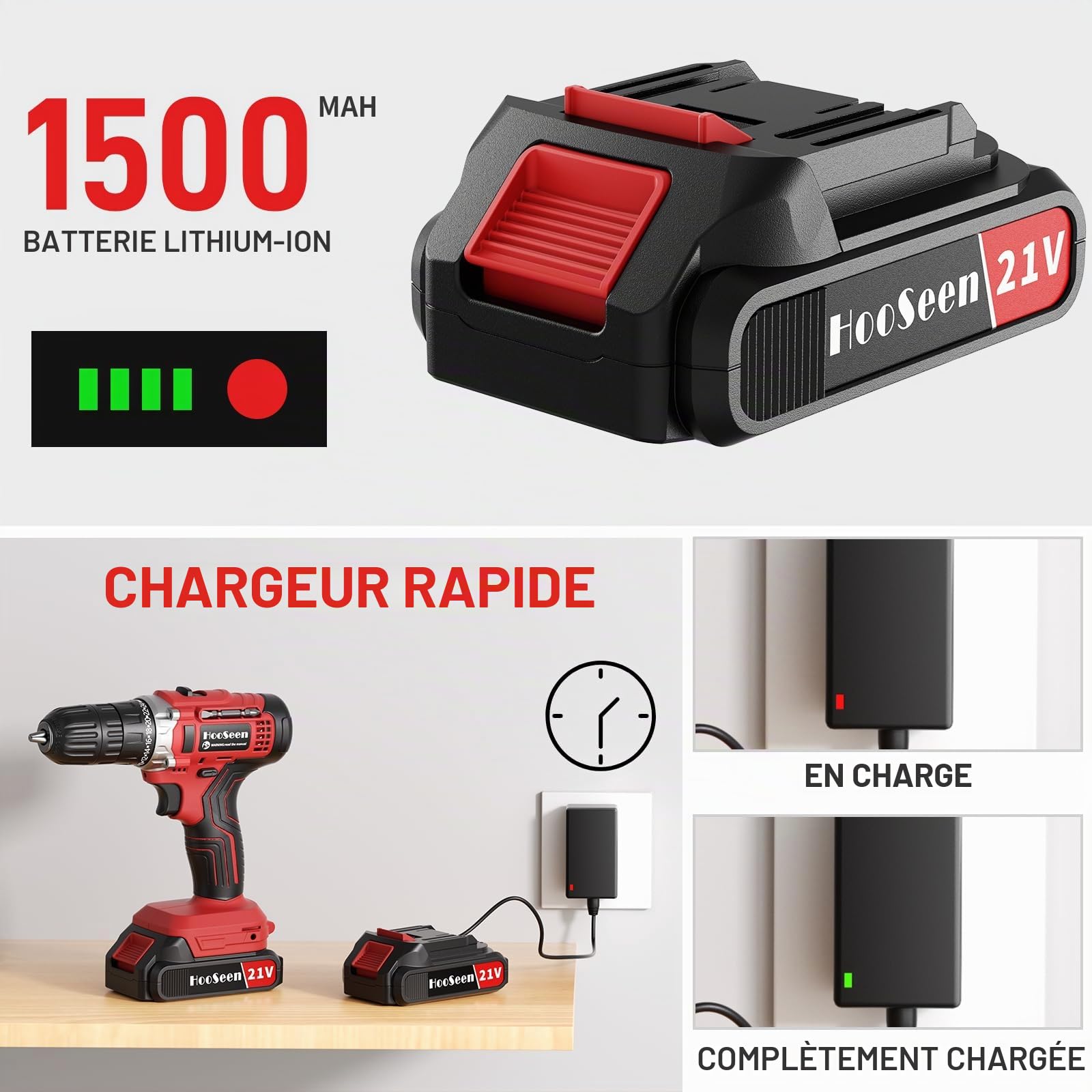 Perceuse Visseuse Devisseuse Sans Fil 21V,25 Accessoires, niveau de couple 24 + 1, 2 vitesses et LED, pince de perçage 10mm pour réparation à domicile, travaux à domicile
