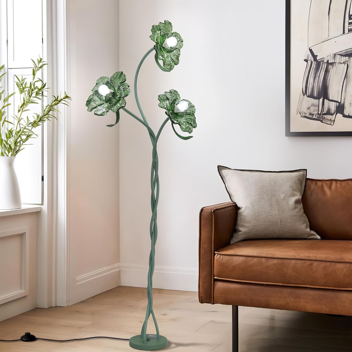 Vintage Flower Floor Lamp for Girls' Bedroom, Cute 3 Heads Floor Reading Light with Flexible Gooseneck, 3 Colors Crabapple Flower Modern Corner Standing Lamp for Living Room Office Home Decor (Green)