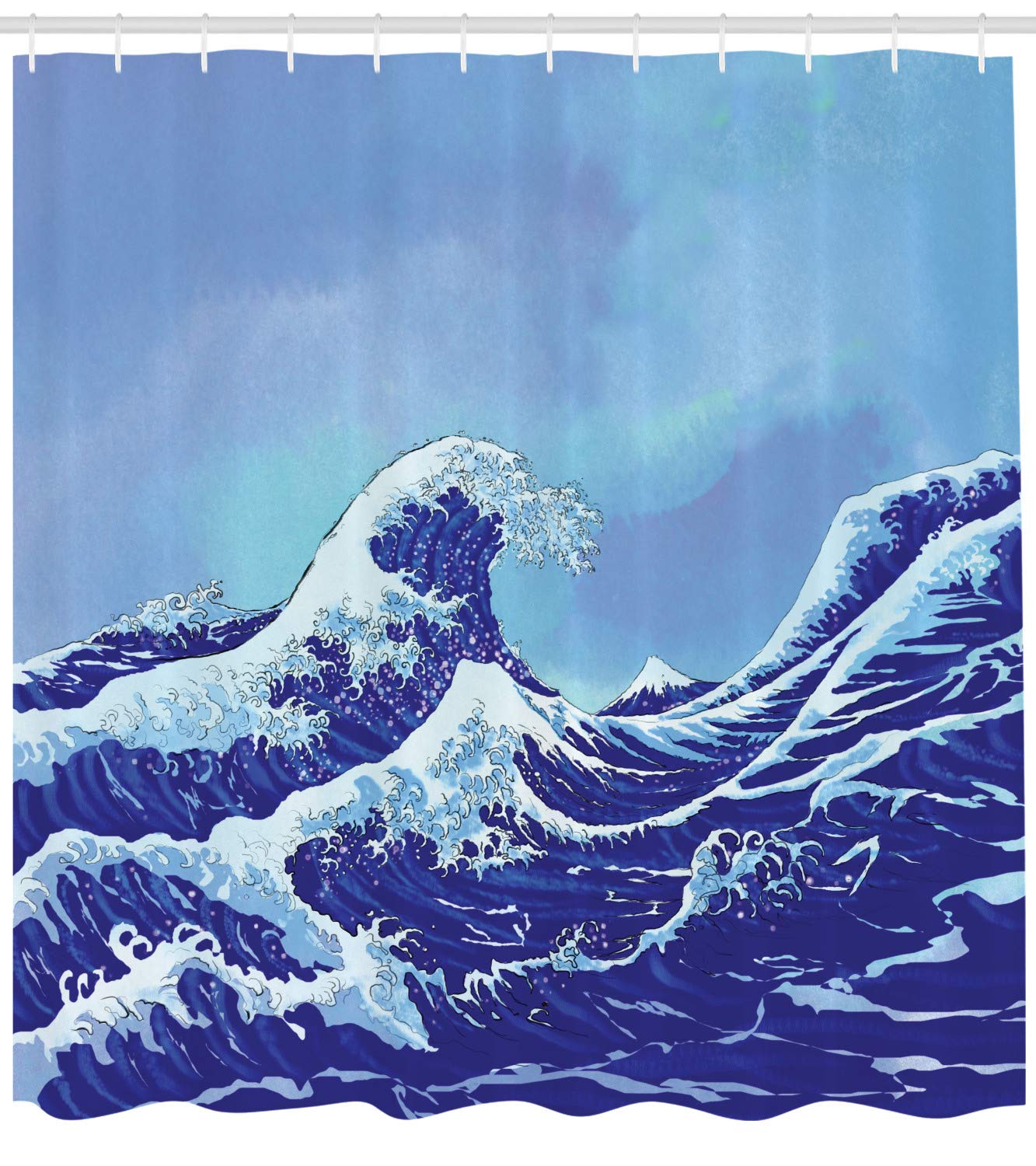 ABAKUHAUS Kanagawa Shower Curtain, Big Tsunami in the Ocean Blue Sky Japanese Nature Sea Waves Art - Image 2