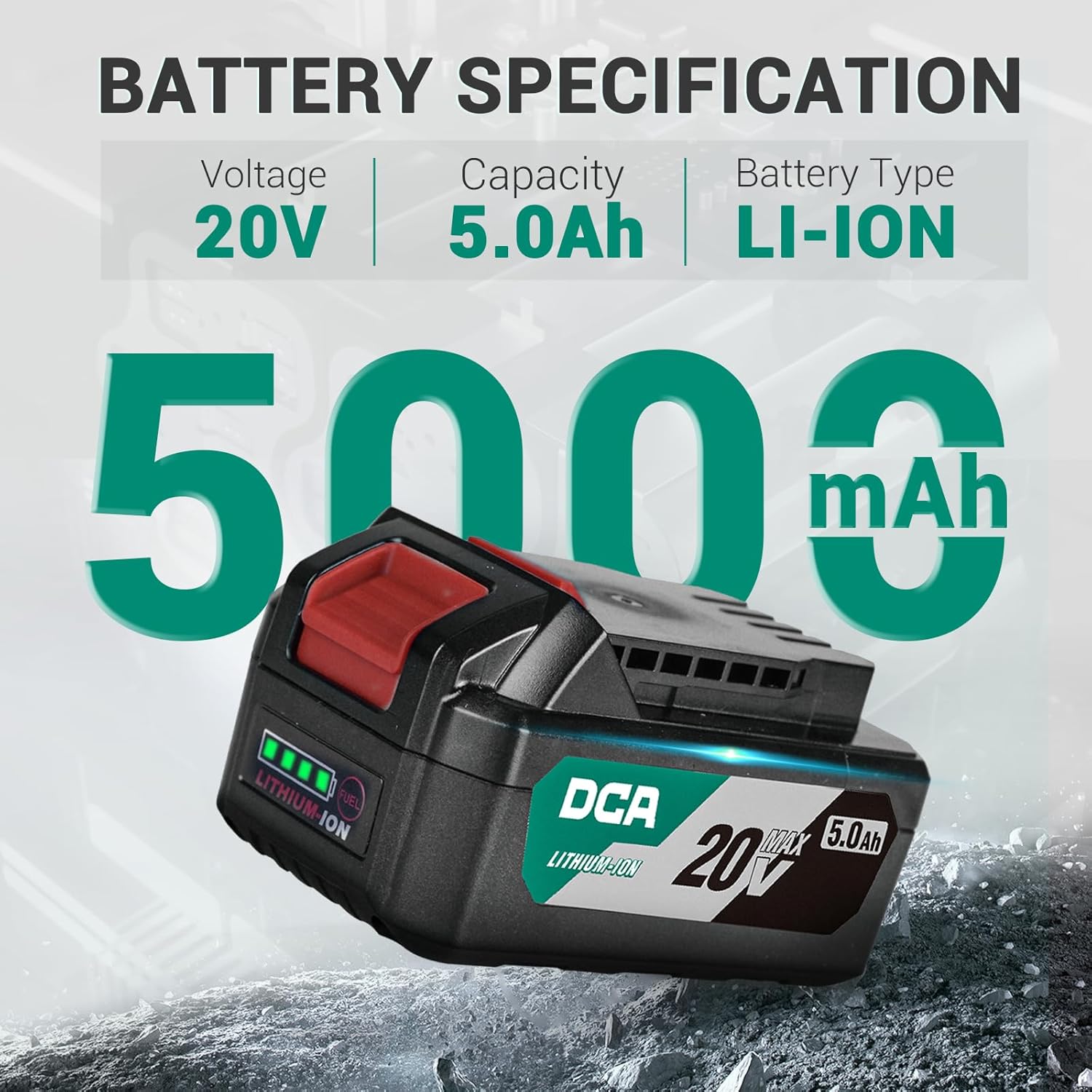 DCA 20V MAX Lithium-Ion Battery, 5.0Ah High Capacity Battery Pack Compactible 20V Cordless Power Tool, 1.4lbs (FFBL2050)