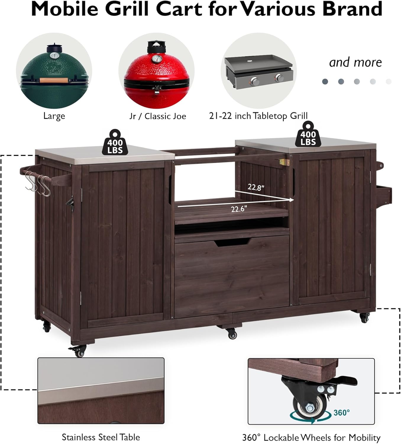 66.5" Outdoor Grill Cart with Stainless Steel Top for Big Green Egg, Rolling Kitchen Island with Adjustable Shelves, Lockable Wheels, Outdoor Table and Bar Storage Cabinet for Patio