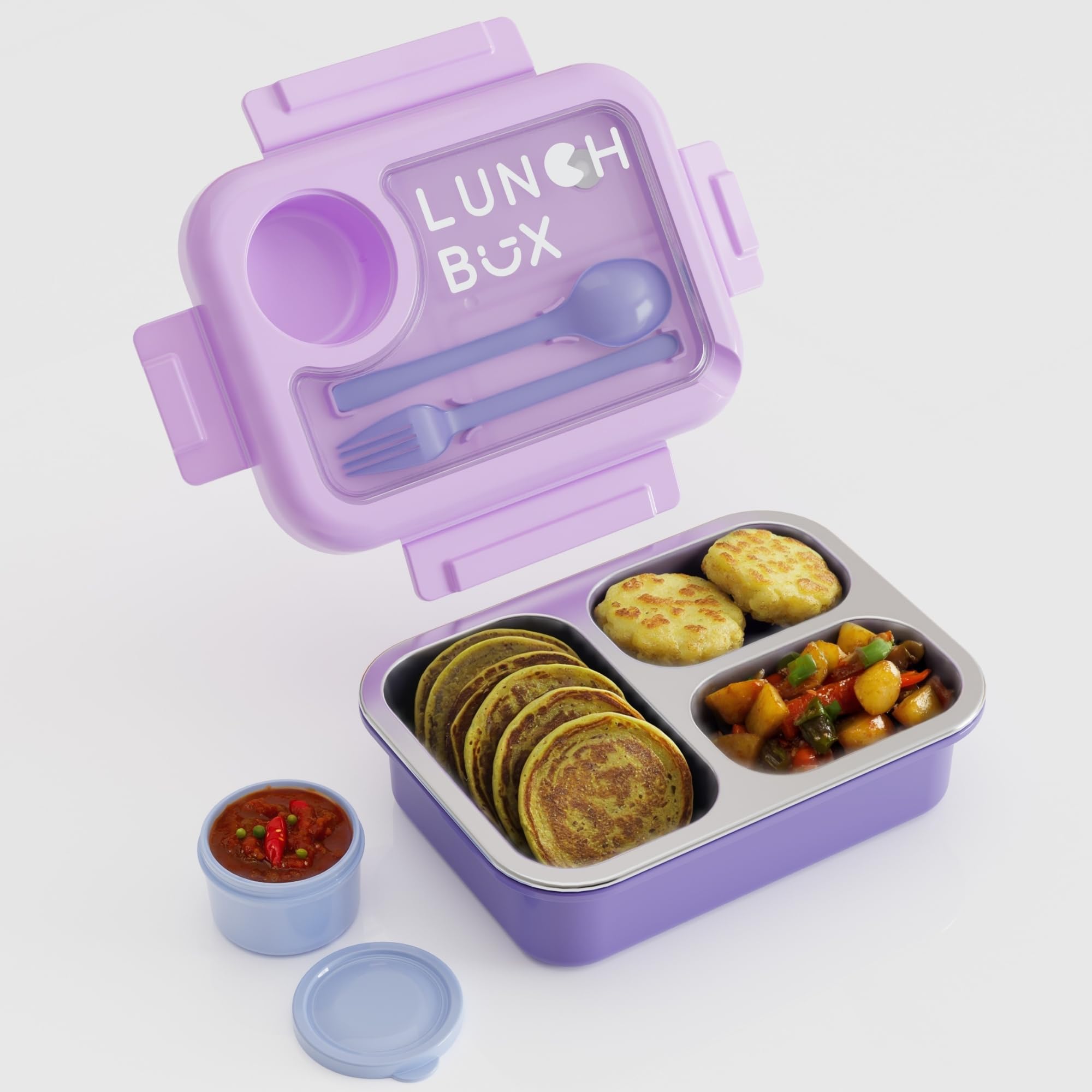 Bento Lunch Box for Kids & Adults, Stainless Steel 3 Section Leakproof Lunch Container with Cutlery, BPA Free Tiffin for School College Office Travel (Purple)-image-14