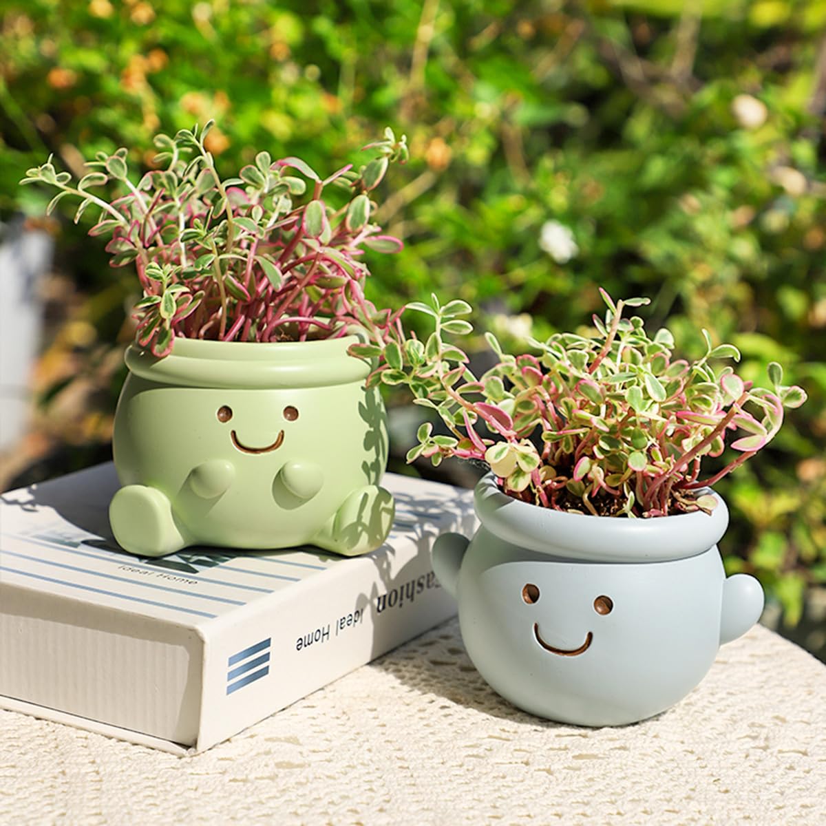 Maceta de cara bonita, macetas pequeñas de resina para plantas de interior, divertida maceta de cara sonriente con agujero de drenaje, idea de regalo para cumpleaños, Navidad (verde)