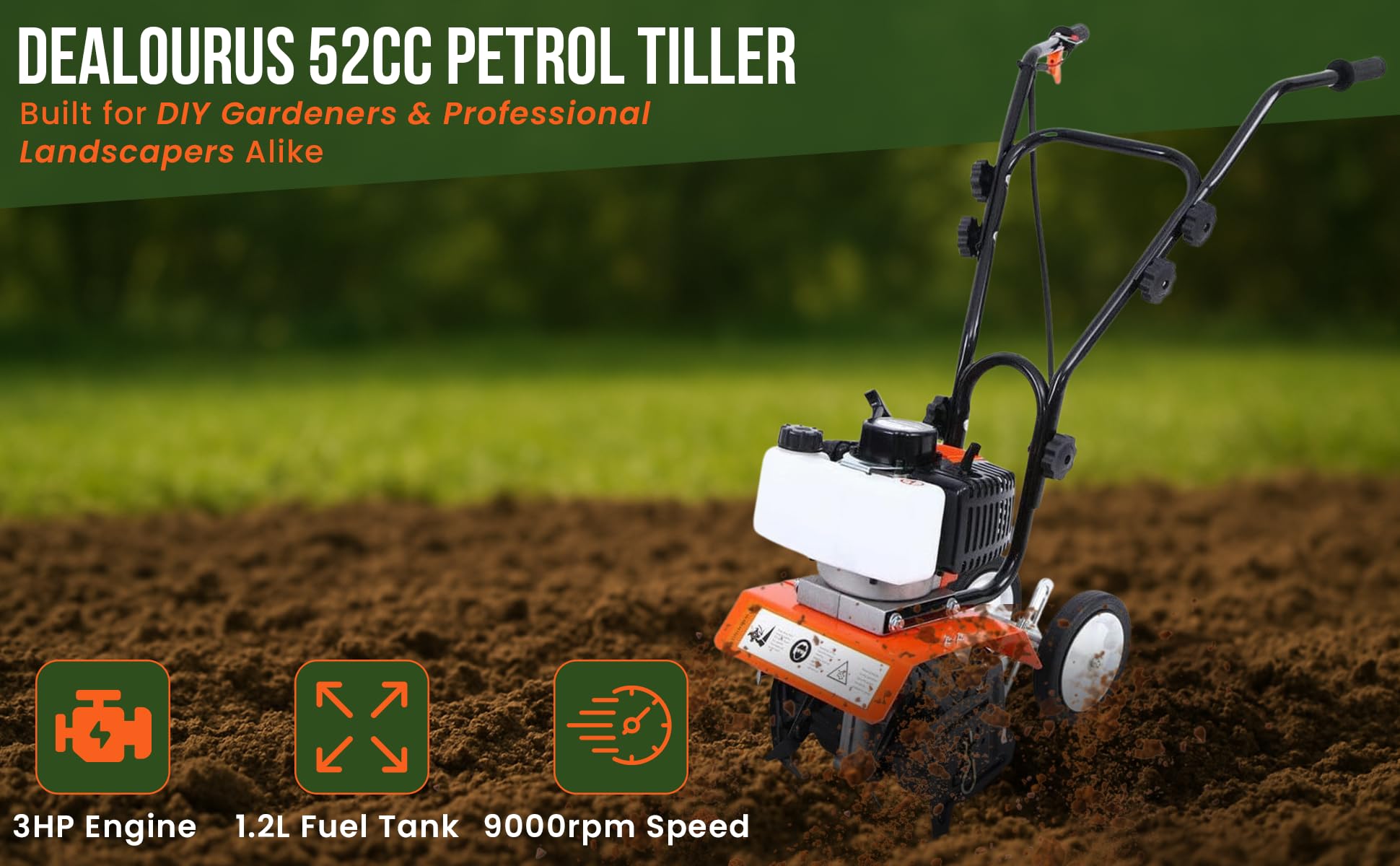 Dealourus Motocultor con Motor de Gasolina 52 cm³ - 3 CV- 2 Tiempos - Ligero, Compacto y Potente - Asas seguras - Diseñado para ser Duradero y Robusto