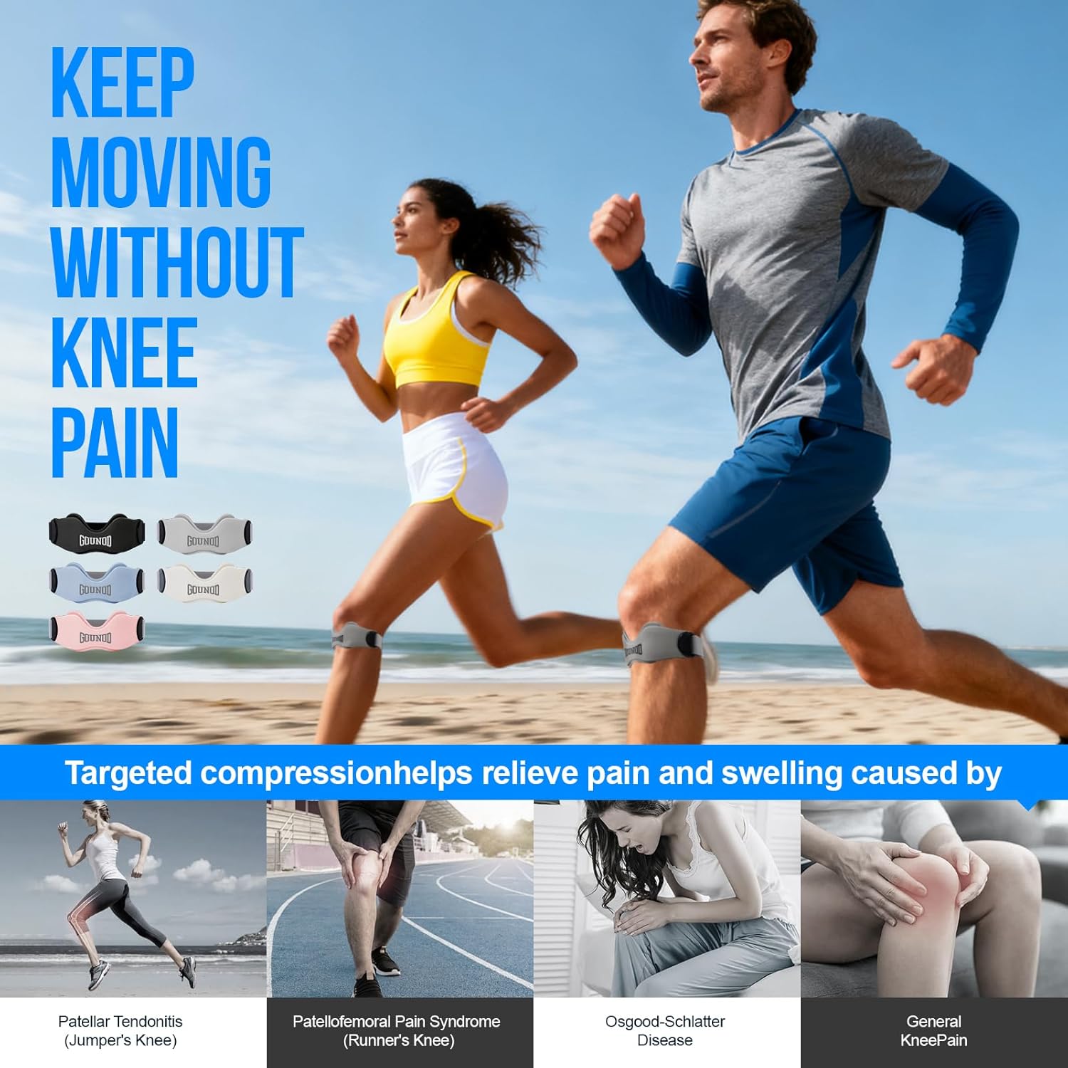 gounod patellar tendon support strap 2 pack,silicone knee strap for knee pain relief,patella band for basketball, jumpers knee, tendonitis, running, hiking, soccer, osgood schlatter?grey? gray