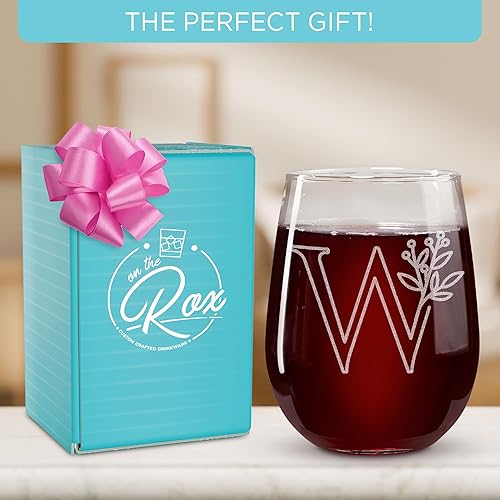 Miniatura 83 de On The Rox Drinks Regalos con monograma para mujeres y hombres – Letra A-Z inicial grabada monograma copa de vino sin tallo, regalo de vino
