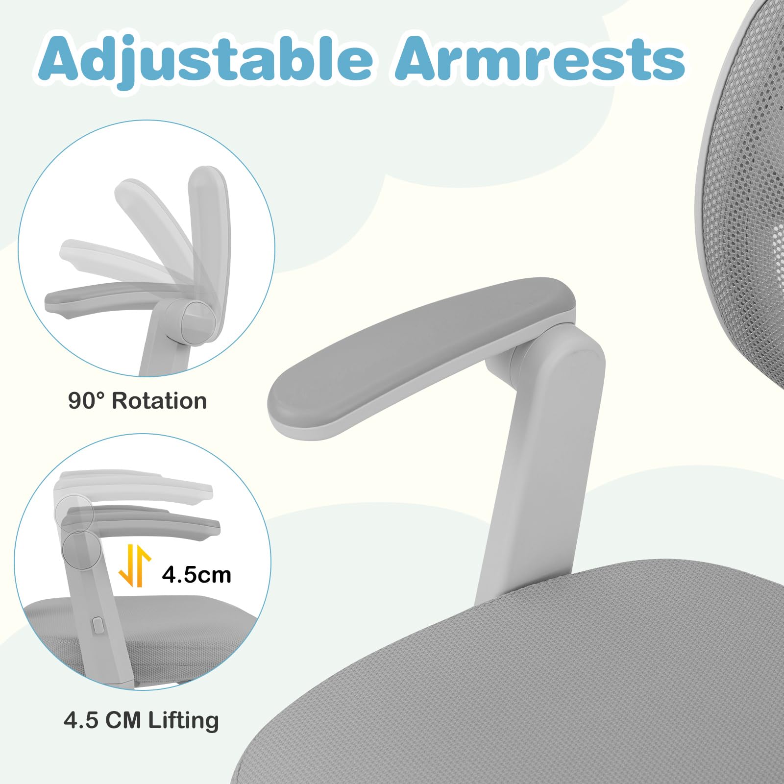 LIFEZEAL - Silla de Oficina Infantil Giratoria 360° con Reposapiés, Silla de Estudio con Altura Ajustable, Apoyabrazos Elevables, Silla Ergonómica para Niños, Carga 150 kg (Gris)