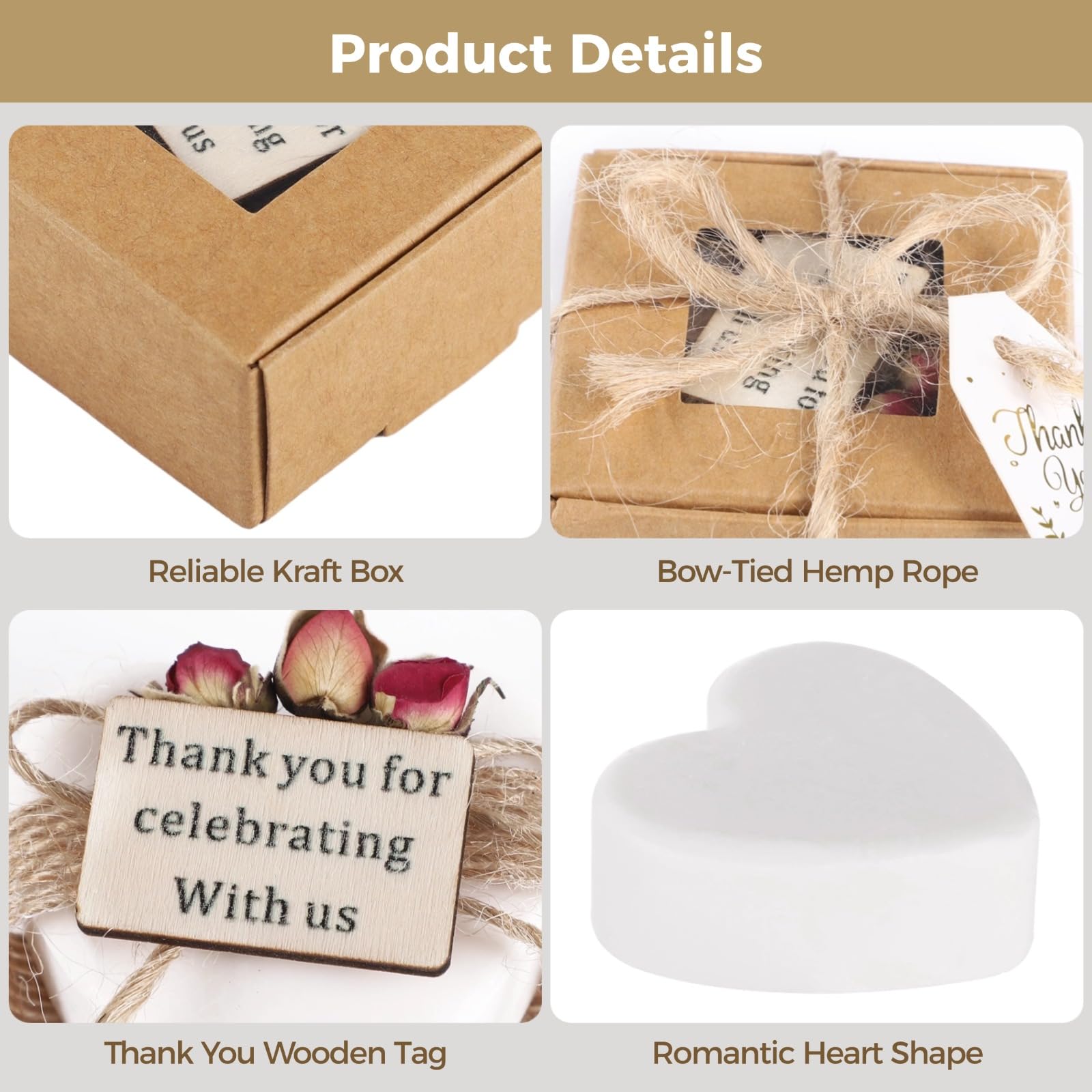 12 Stück herzförmige, handgefertigte duftende Mini-Seifen, für Hochzeit, Brautparty, Gastgeschenke, Teeparty-Geschenke, inklusive getrocknetem Rosenstrauß, verpackt in brauner Kraftbox mit Schnur