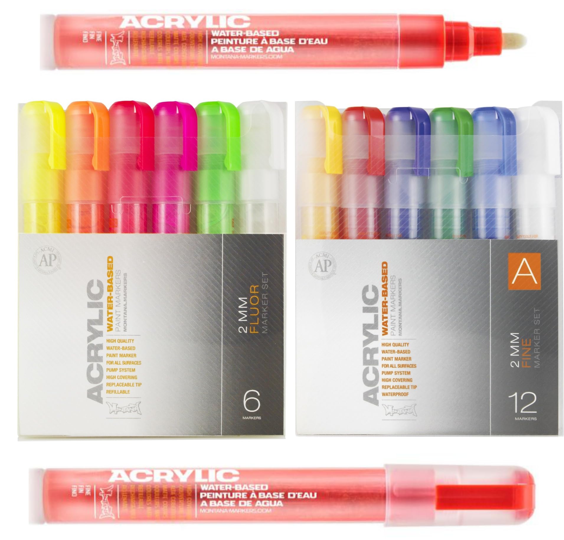 KLAMOTTEN STORE Montana Acryl Marker - Workshop Komplett Set - Stifte auf Wasserbasis 2mm Neon + Grundfarben - nachhaltig und auffüllbar