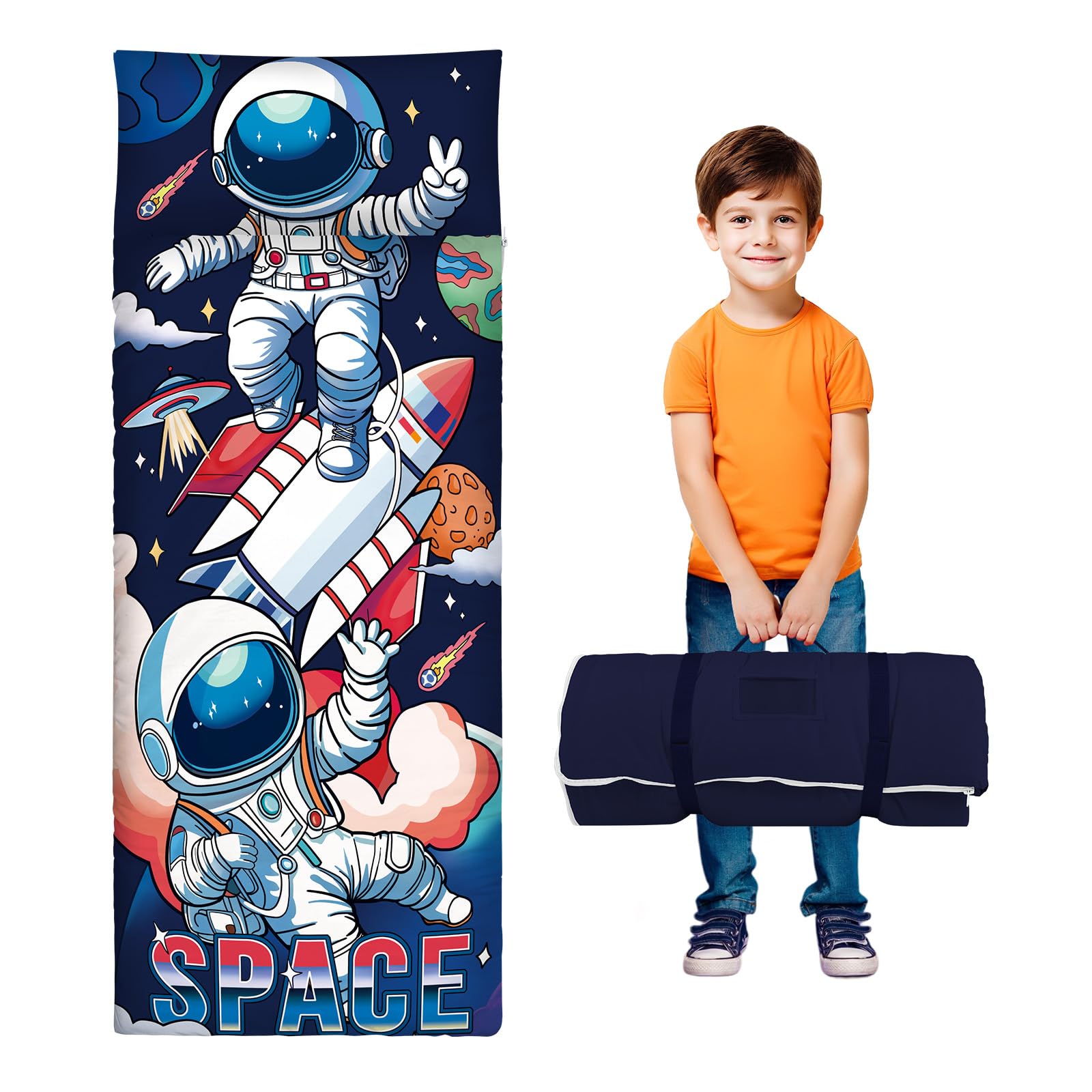 Kids Sleeping Bag with Pillow,Nap Mat for Toddlers Boys Girls, Warm Toddler Slumber Bag 150x60cm, Roll Up Kids Sleeping Mat with Double Zip for Bedroom Daycare Kindergarten,Space Astronaut