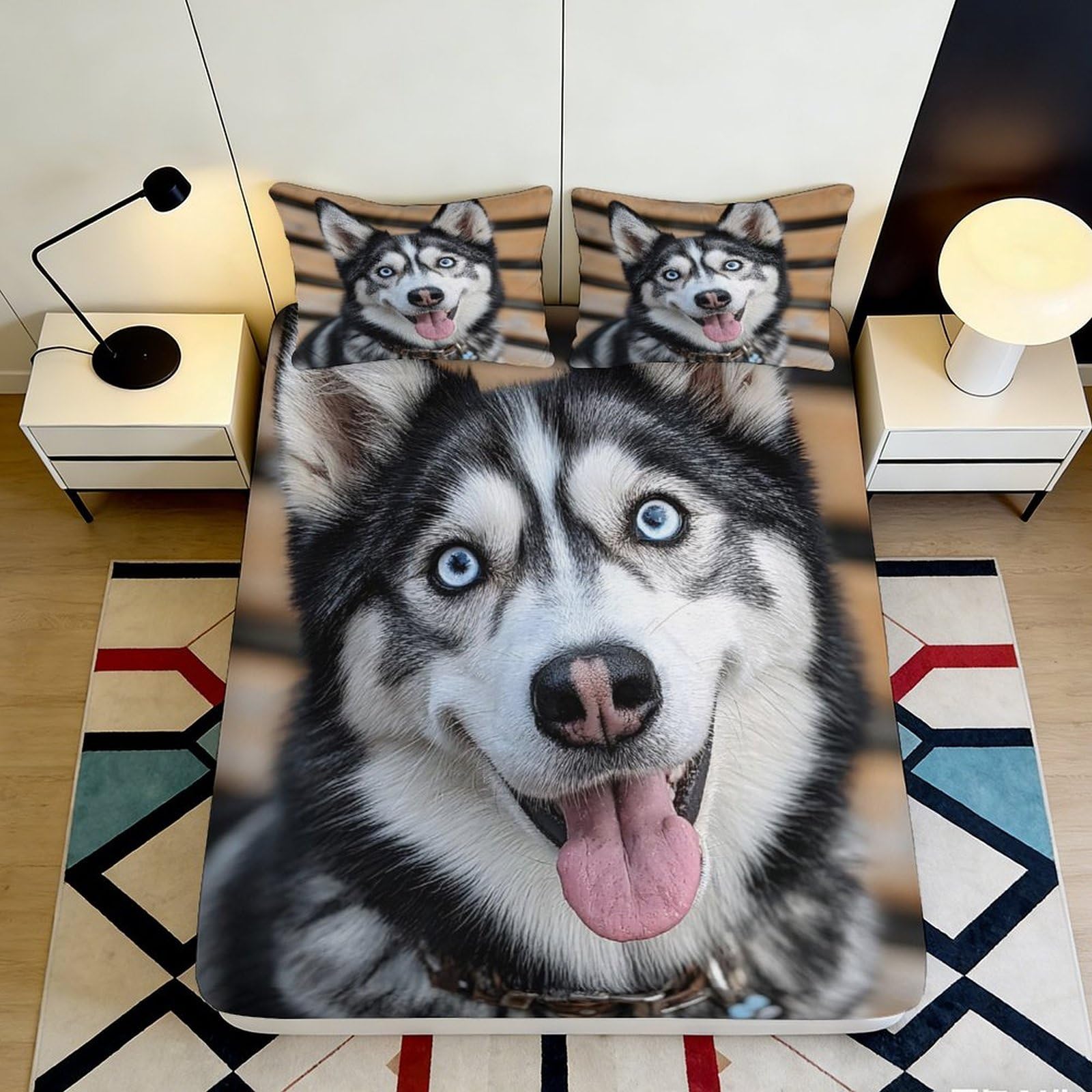 3D Printed Husky Dog Fitted Sheet Microfiber Soft Breathable Siberian Pet Pattern Mattress Cover for Bedroom Dormitory Guest Room Protection Decor 180x200x25cm