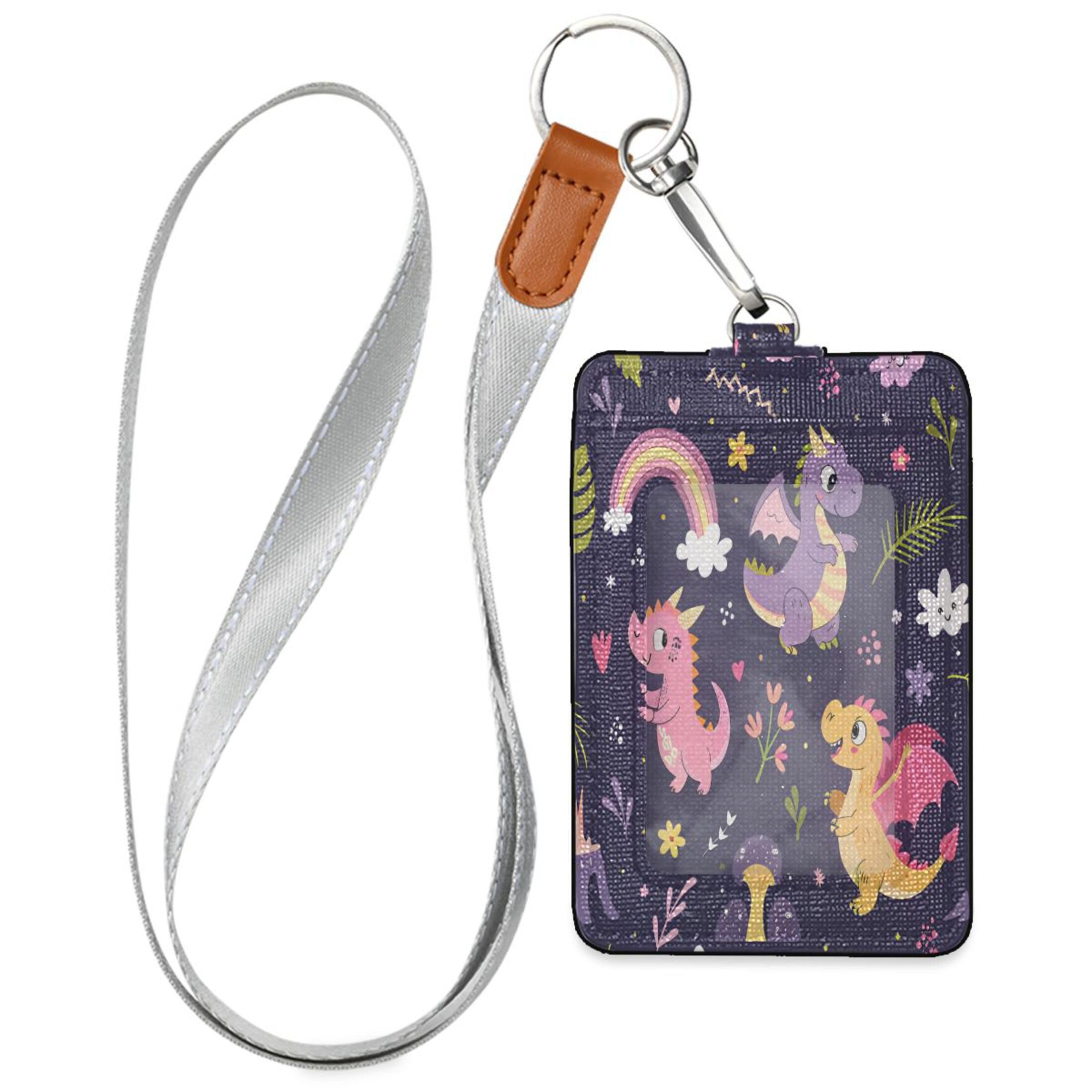 Takiito Cute Dragons Leather ID Badge Holder with Lanyard, 1 Clear ID Window & 2 Card Slots for Women Men Office Teacher Nurse