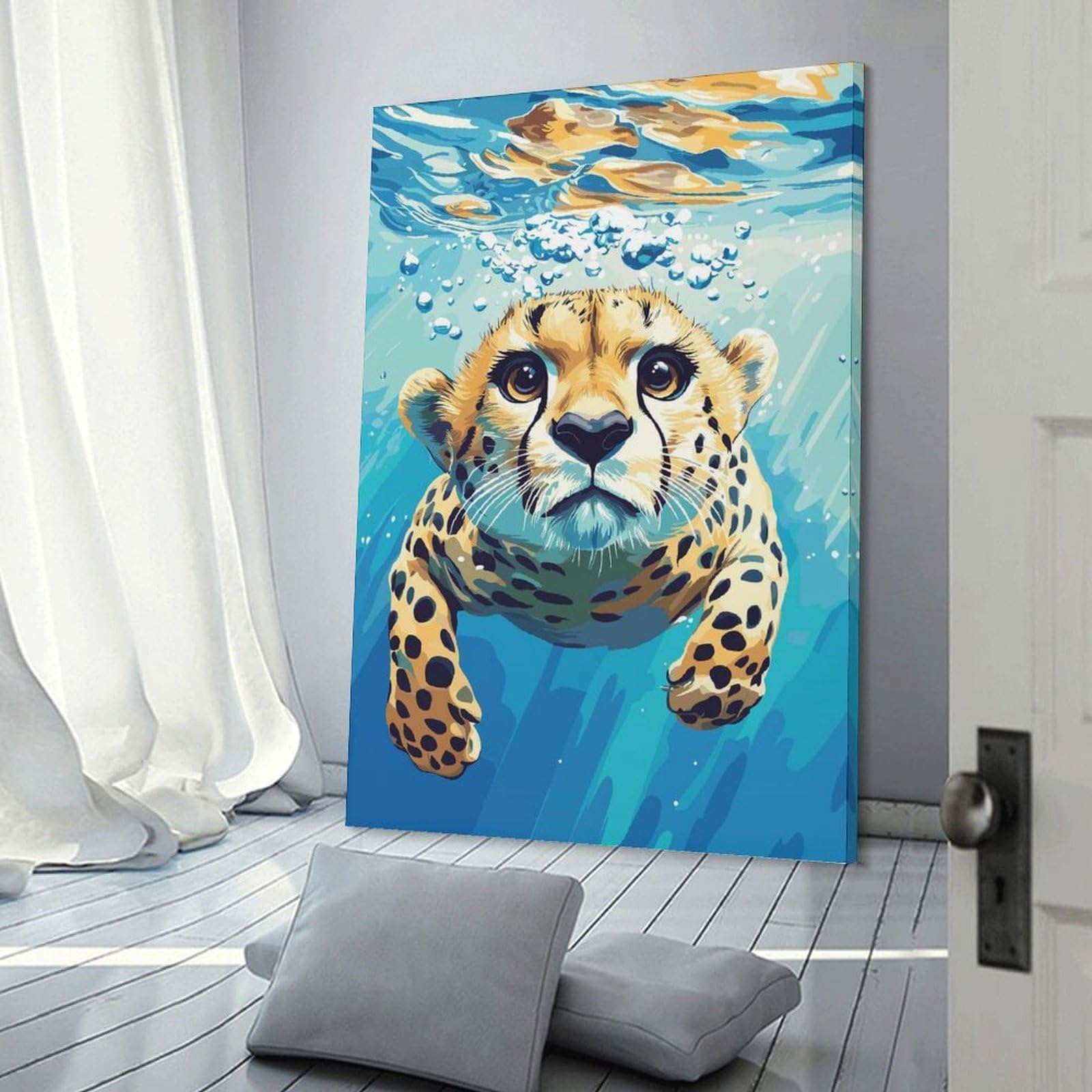 Junmoney Canvas Wall Art Cheetah Cub Swimming Underwater Illustration, 20x30inch(50x75cm), for New Homes, Bedrooms Or Workspaces, Canvas Artwork with Gifting Potential