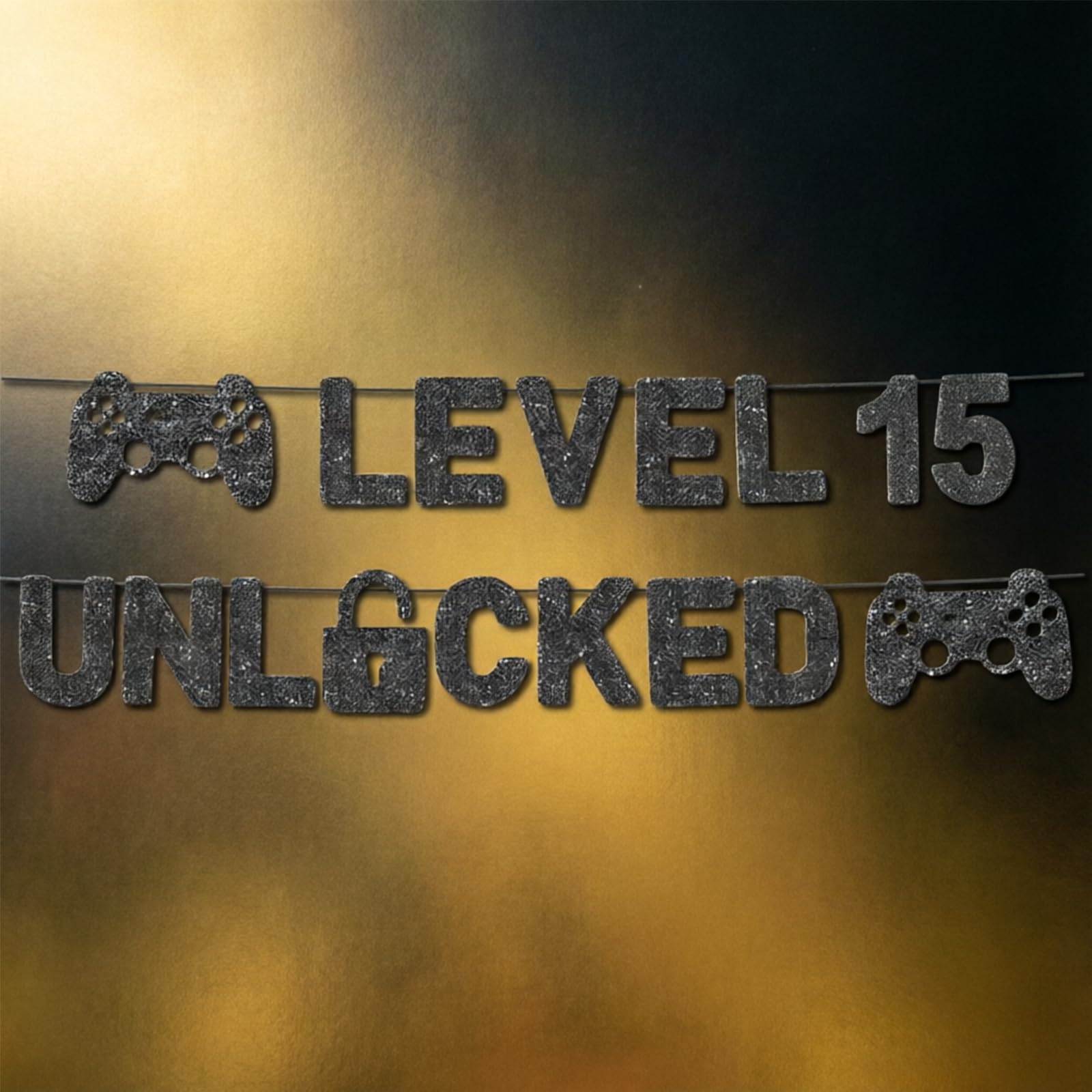 15th Birthday Decorations - Game Theme Reusable Banner with "LEVEL 15 UNLOCKED" Slogan - Black Party Decor for Teen Birthday Celebration