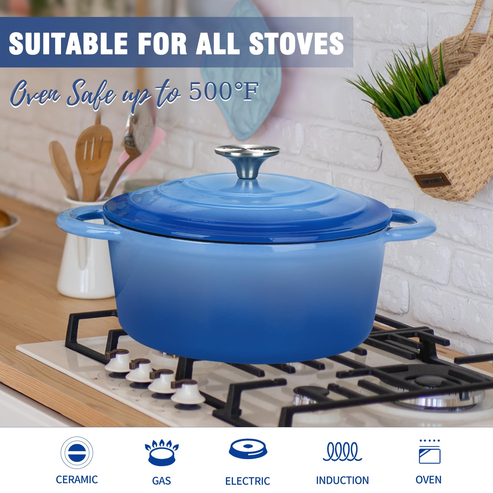 COOKWIN Horno holandés de hierro fundido esmaltado con tapa autountada, olla antiadherente con revestimiento esmaltado, azul, 2.9 cuartos