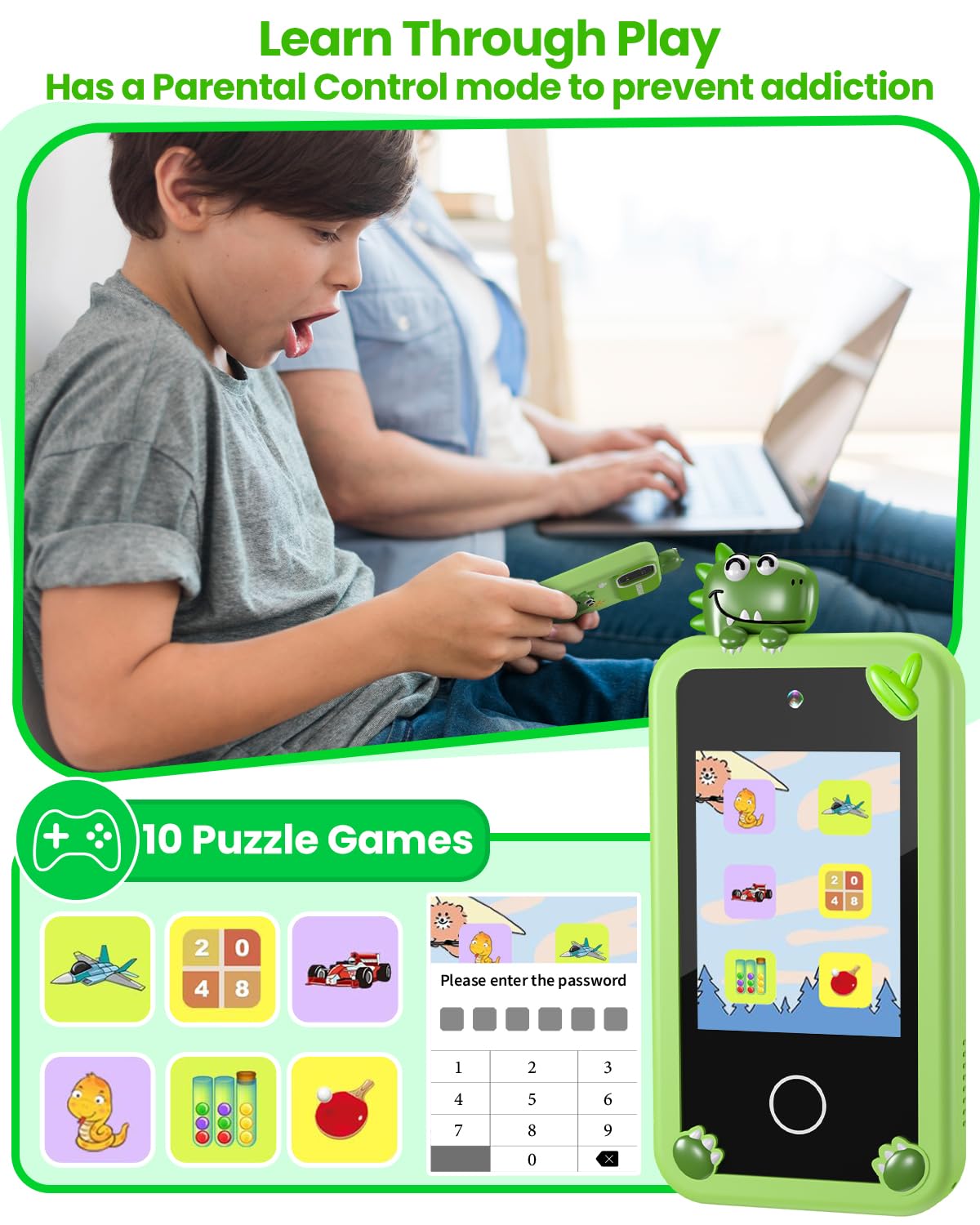 Kids Smart Phone for Boys with 32G Card & Holographic Pyramid, Christmas Birthday Gifts for Age 3-10 Kids Toy Cell Phone, 2.8" Touchscreen Toddler Learning Toy, Dual Lens, Music Player(Green Dinosaur) 4