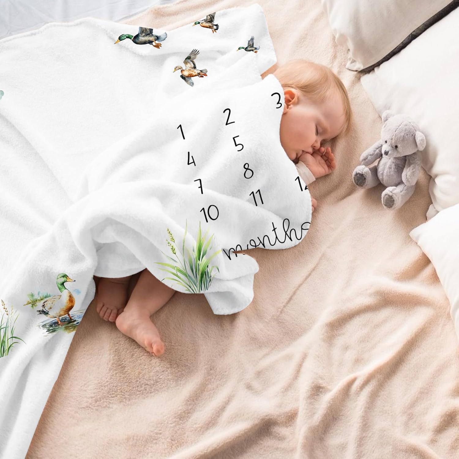 Mallard Duck Baby Monthly Milestone Blanket with Wreath Flannel Mallard Duck Baby Stuff, Green Drake Newborn Swaddling Wrap, Monthly Milestone Blanket for Boys Girls (39.4" x 51.2") - Image 6