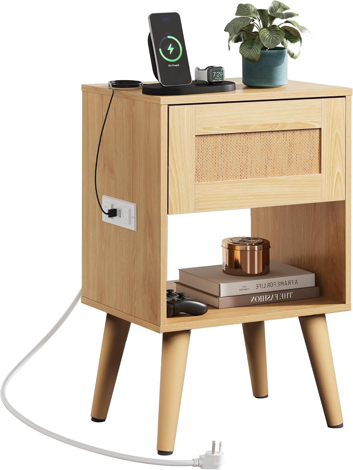 WLIVE Rattan Nightstand with Charging Station, Boho Night Stand, Small Bedroom Side Table, End Table with Drawer and Storage, Wood Bedside Tables for Bedroom, Small Spaces, Natural Oak