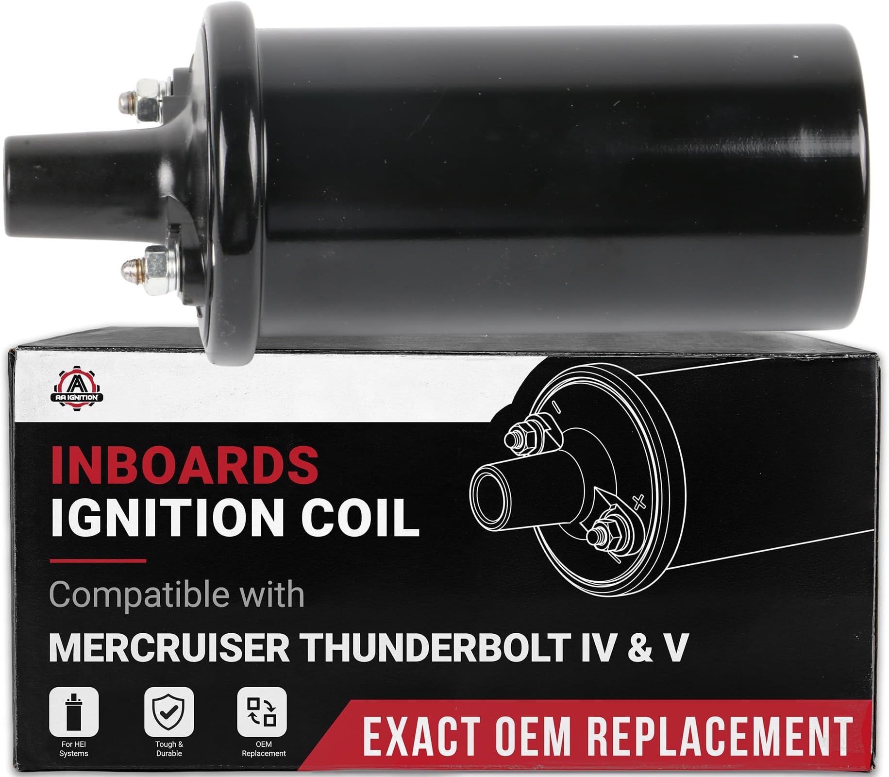 Replacement Inboard Ignition Coil - Compatible with MerCruiser Thunderbolt IV and V Ignition Systems with HEI - Replaces 18-5438, 392-805570A2, 392-7803A4, 392-805570A1, 72115, 40511