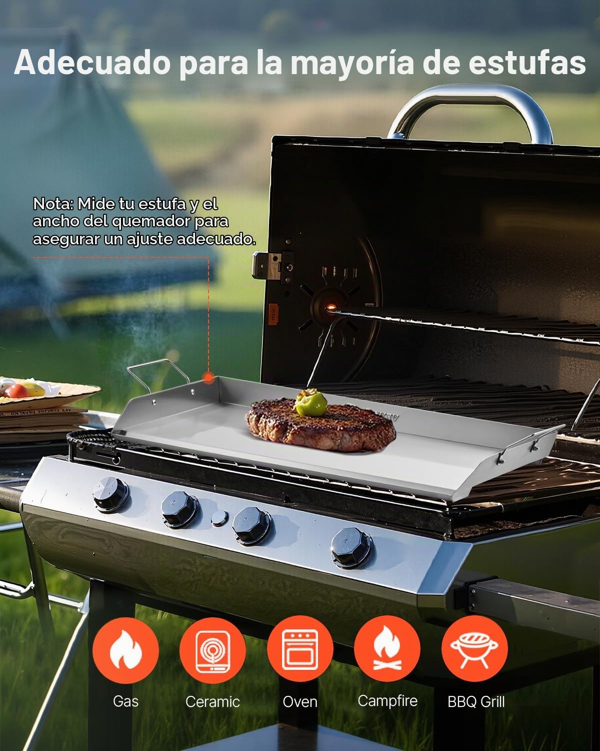 VEVOR Parrilla de Acero Inoxidable Universal Rectangular 809 x 370 mm con Superficie Plana, Plancha de Gas para Barbacoa, Utensilios de Cocina Familiares Portátiles con Asa, Alta Compatibilidad