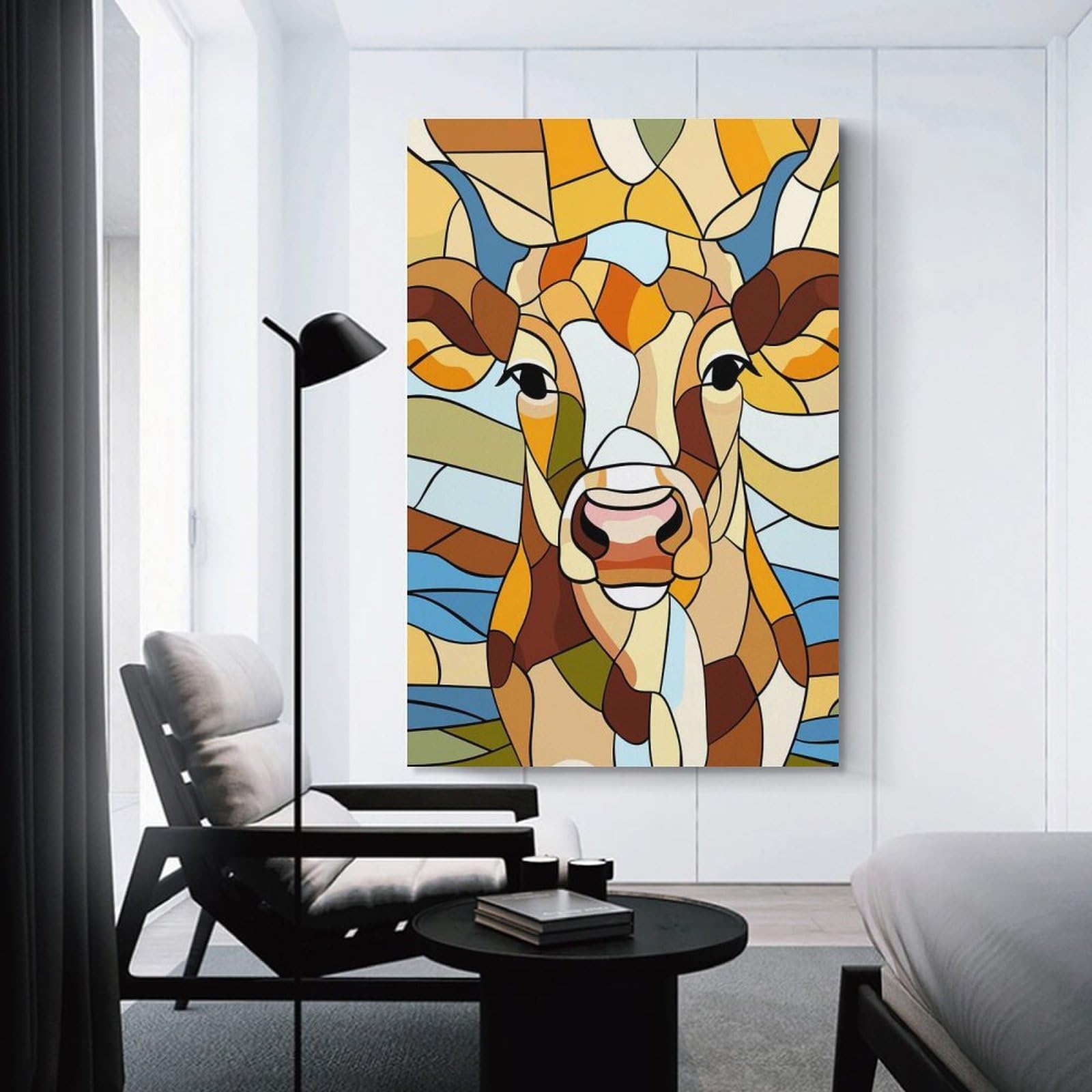Junmoney Unframe-Style-9 Stained Glass Cow Portrait Wall Picture Print 08X12inch(20X30cm), For Lounge Decor, Offices Or Entryway Styling, Versatile Wall Decor For Many Rooms