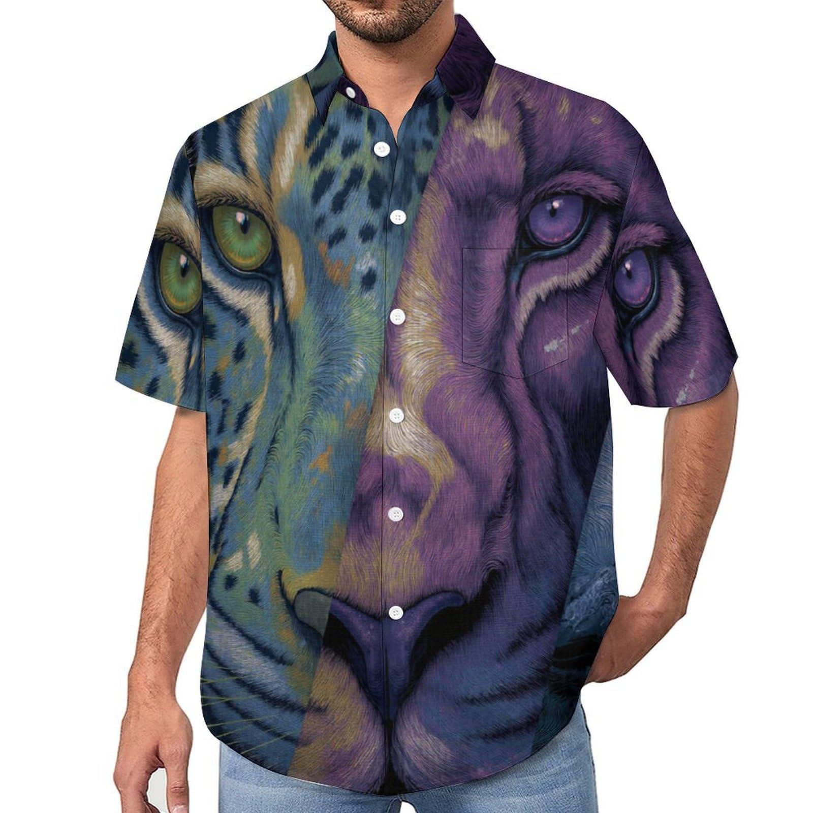 Camicia da Uomo Button Down con Stampa Tigre Ghepardo, Arte degli Animali Camicia Hawaiana Casual a Maniche Corte Camicie da Spiaggia Camicie da Vacanza