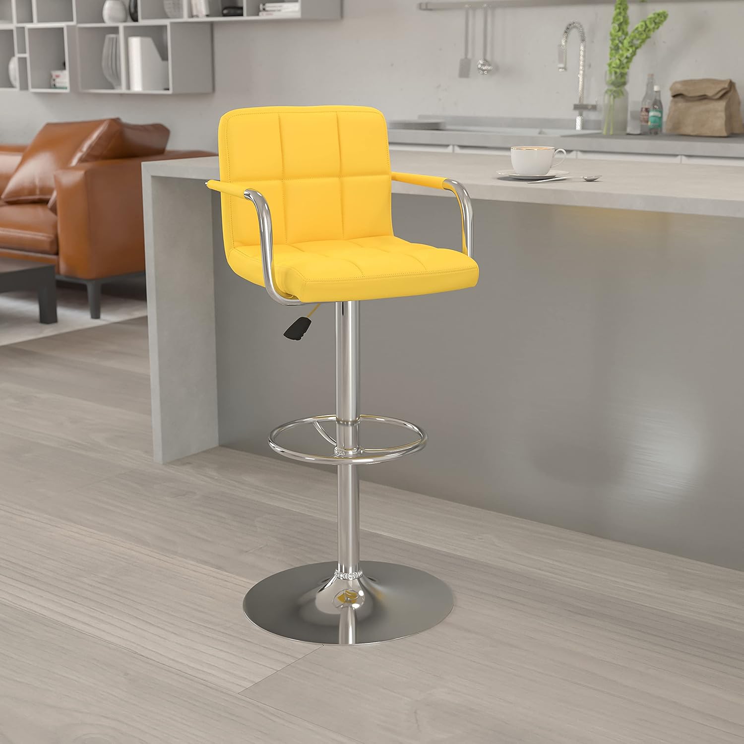 Contemporary Yellow Vinyl Adjustable Height Bar Stool with Arms and