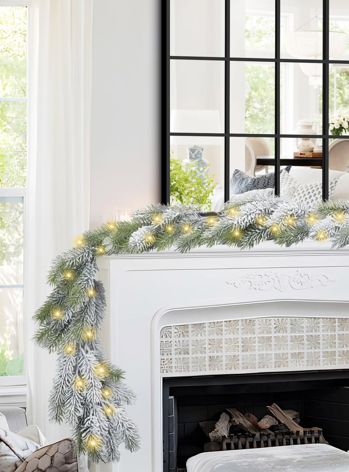 Norfolk Guirlande de sapin de neige avec lumières pour cheminée, intérieur et extérieur - Guirlande de Noël artificielle pour escalier, porte d'entrée, porche, mur, décoration de la maison