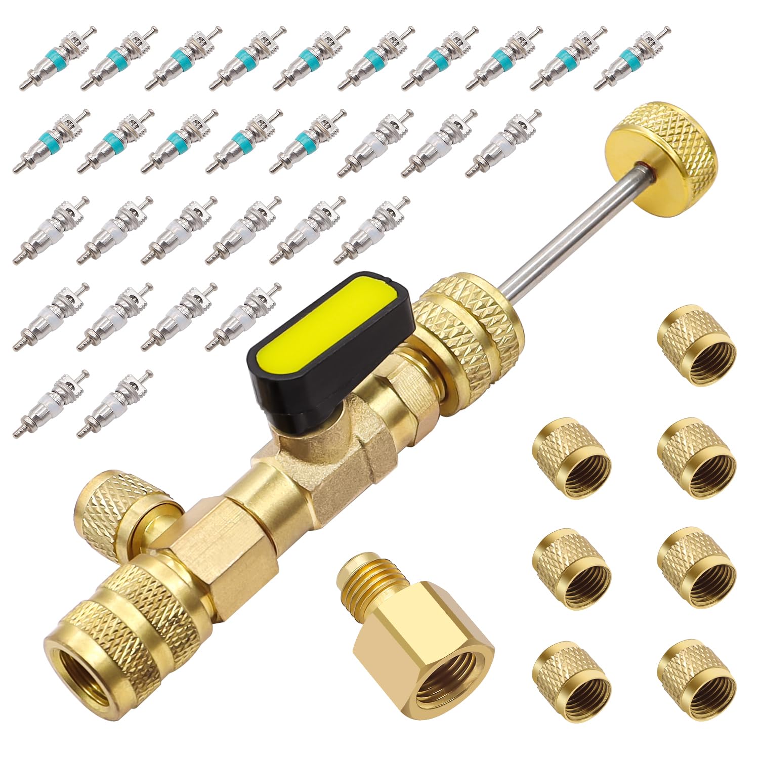 TWTADE Valve Core Remover Installer Tool with Dual Size SAE 1/4 and 5/16 Port Brass Adapter, 30PCS Valve Cores, 7PCS Brass Nut for R12 R22 R410 R32 etc HVAC System
