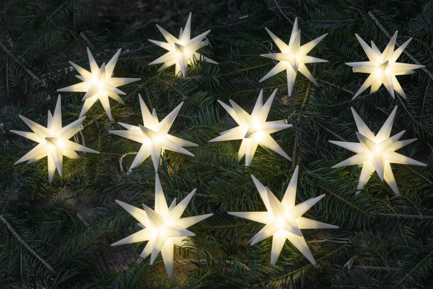 GURU SHOP Sternenkette, Lichterkette mit 10 x LED Adventsstern, Außenstern, Weihnachtsstern Ø 12cm, Länge 12,5 m, mit Timer - 10er Weiß, 12x12x12 cm