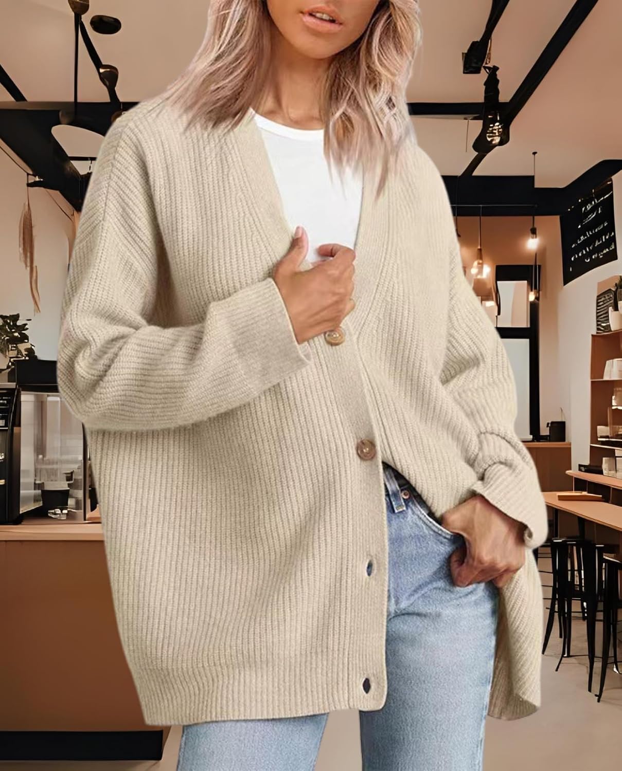 Women's Cardigan Casual Sweater Oversized Long Sleeve V-Neck Button Cardigan Top for Vacation and Daily Life - Image 5