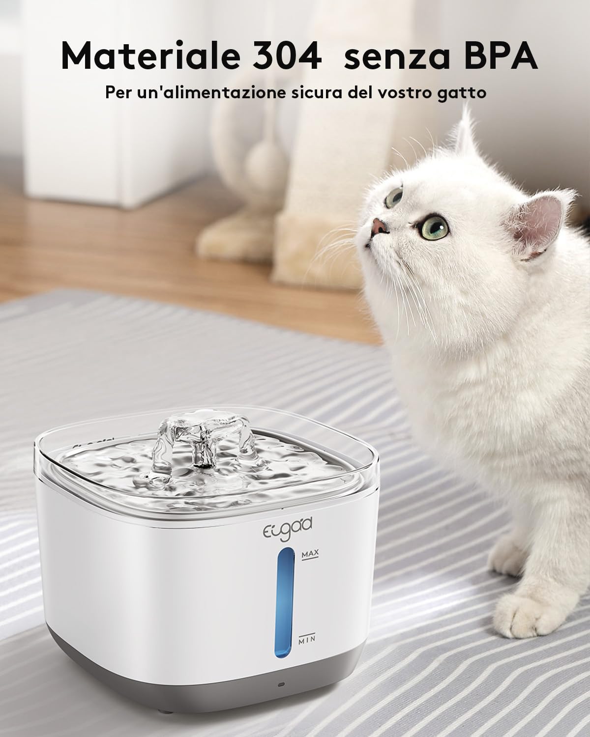 EUGAD Fontanella per Gatti Senza Fili, 2.5L Fontanella per Gatti Cani con Sensore, Distributore Acqua Gatti Acciaio Inox 304, 30dB Ultra Silenzioso,Filtraggio dei Peli Randagi,Batteria 5000 mAh
