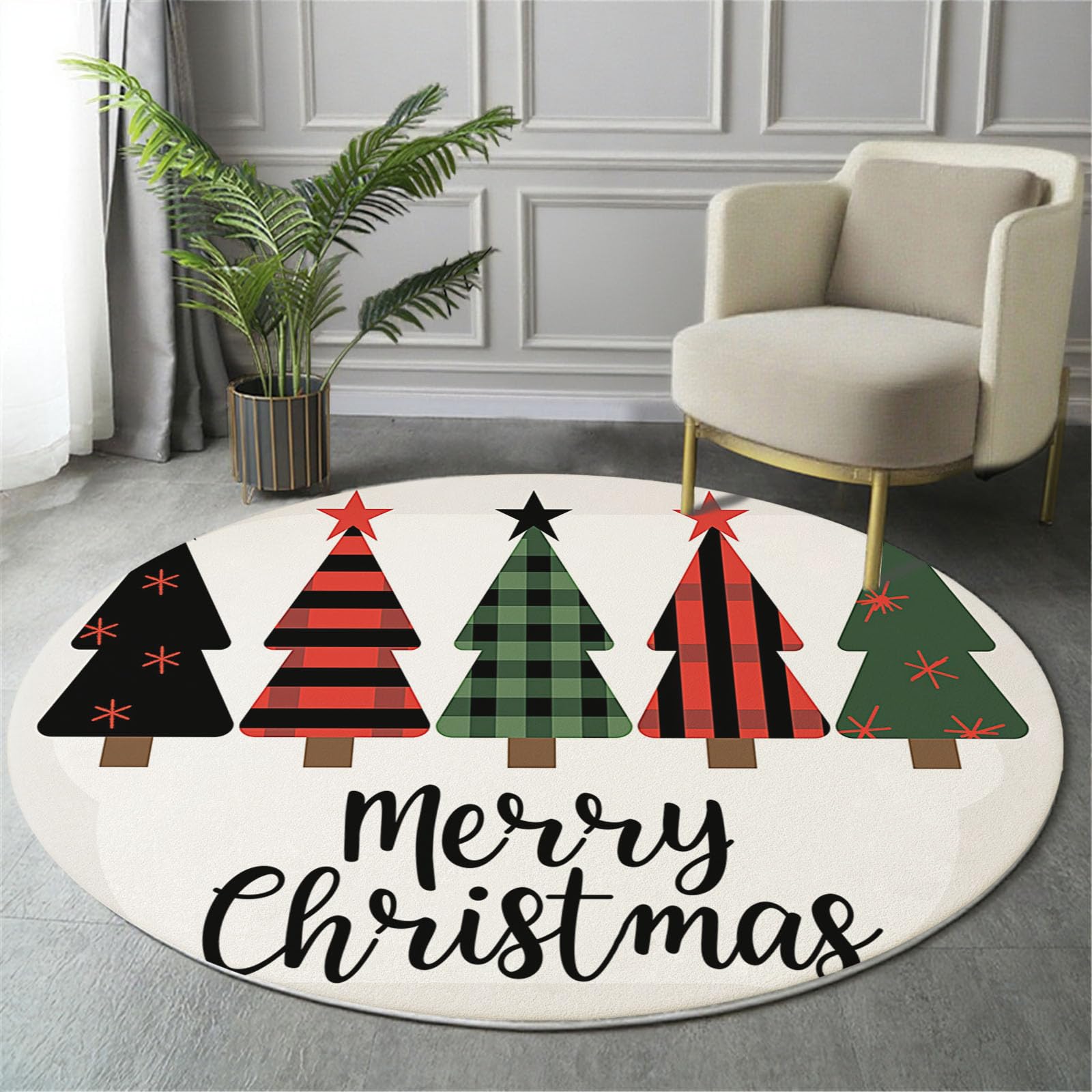 Tapis rond d'entrée antidérapant beige 120 cm avec grand motif sapin de Noël