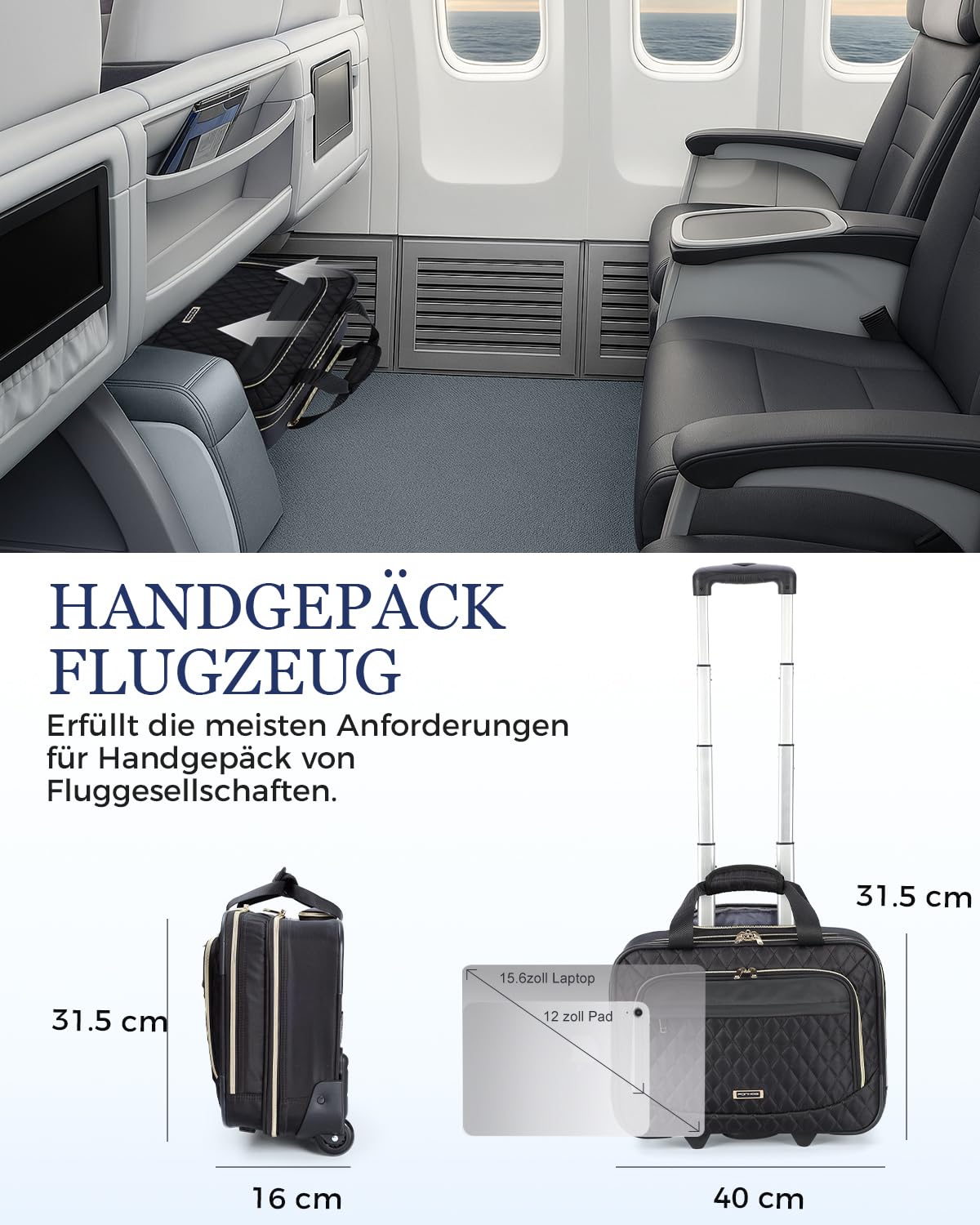 Ponhog Bussiness Laptop Trolley mit Rollen für Damen,Trolley Laptoptasche 15,6 Zoll wasserdichte Aktentasche für Reisen, Arbeit, Schule, Schwarz