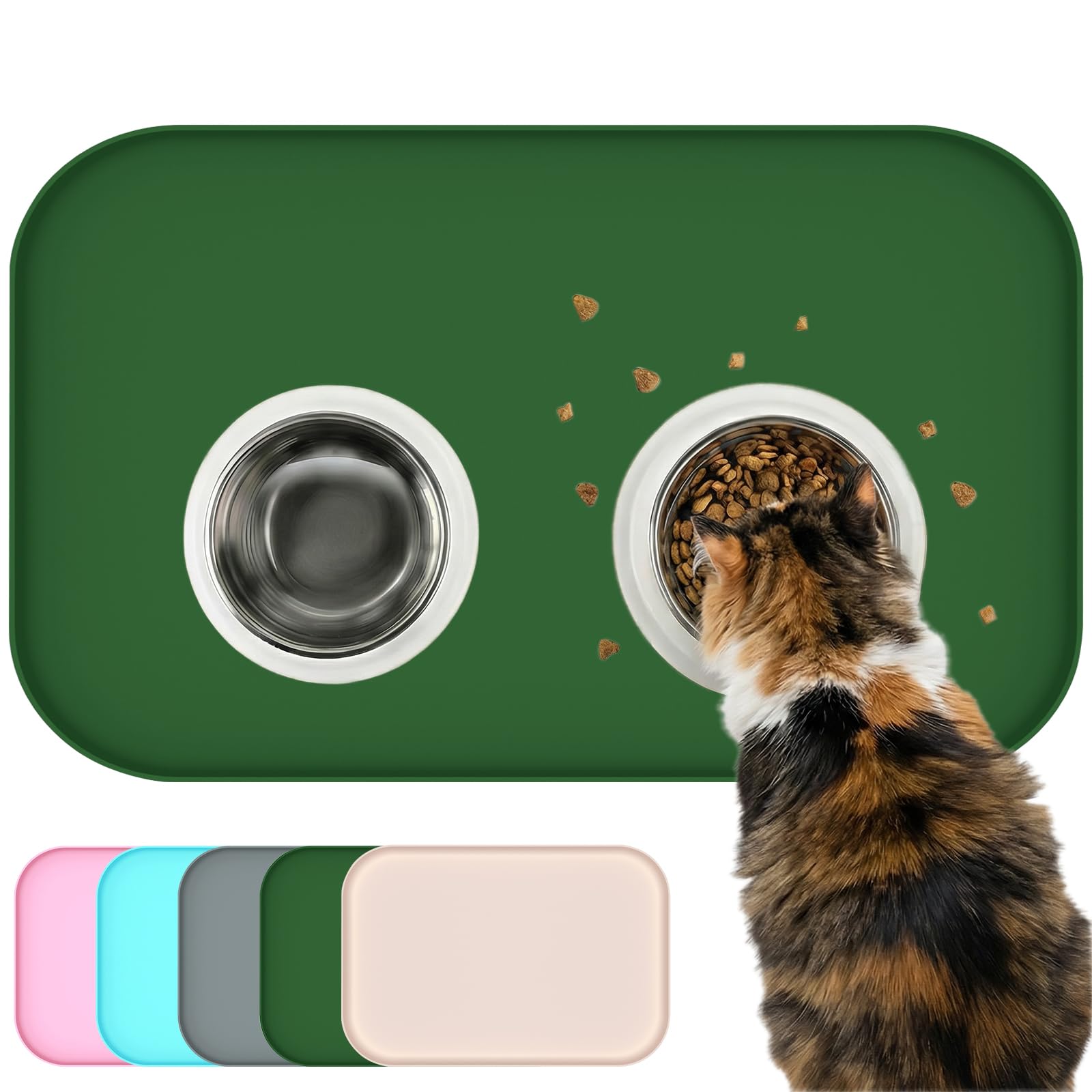 BLESWIN Tappetino impermeabile in silicone per alimentazione animali domestici con bordi rialzati, tappetino per ciotola gatto facile da pulire (Verde scuro, 60×40 cm)
