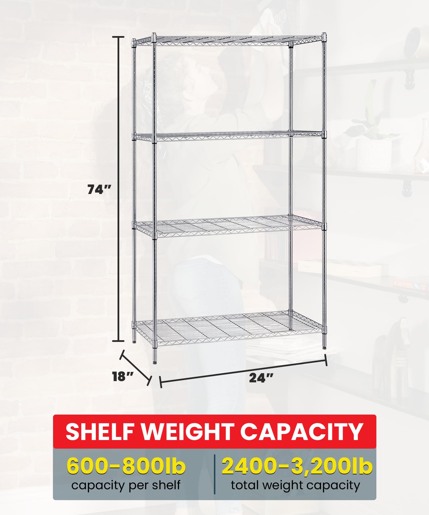 Quantum Storage Systems WR74-1824C Starter Kit for 74' High 4-Tier Wire Shelving Unit, Chrome Finish, 18' Width x 24' Length x 74' Height