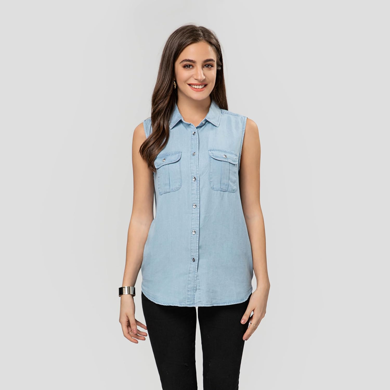 FASHIONSPARK Sleeveless Denim Tops for Women Button Down Denim Shirt Chambray Jean Tank Top Lightweight Blouses - Image 2