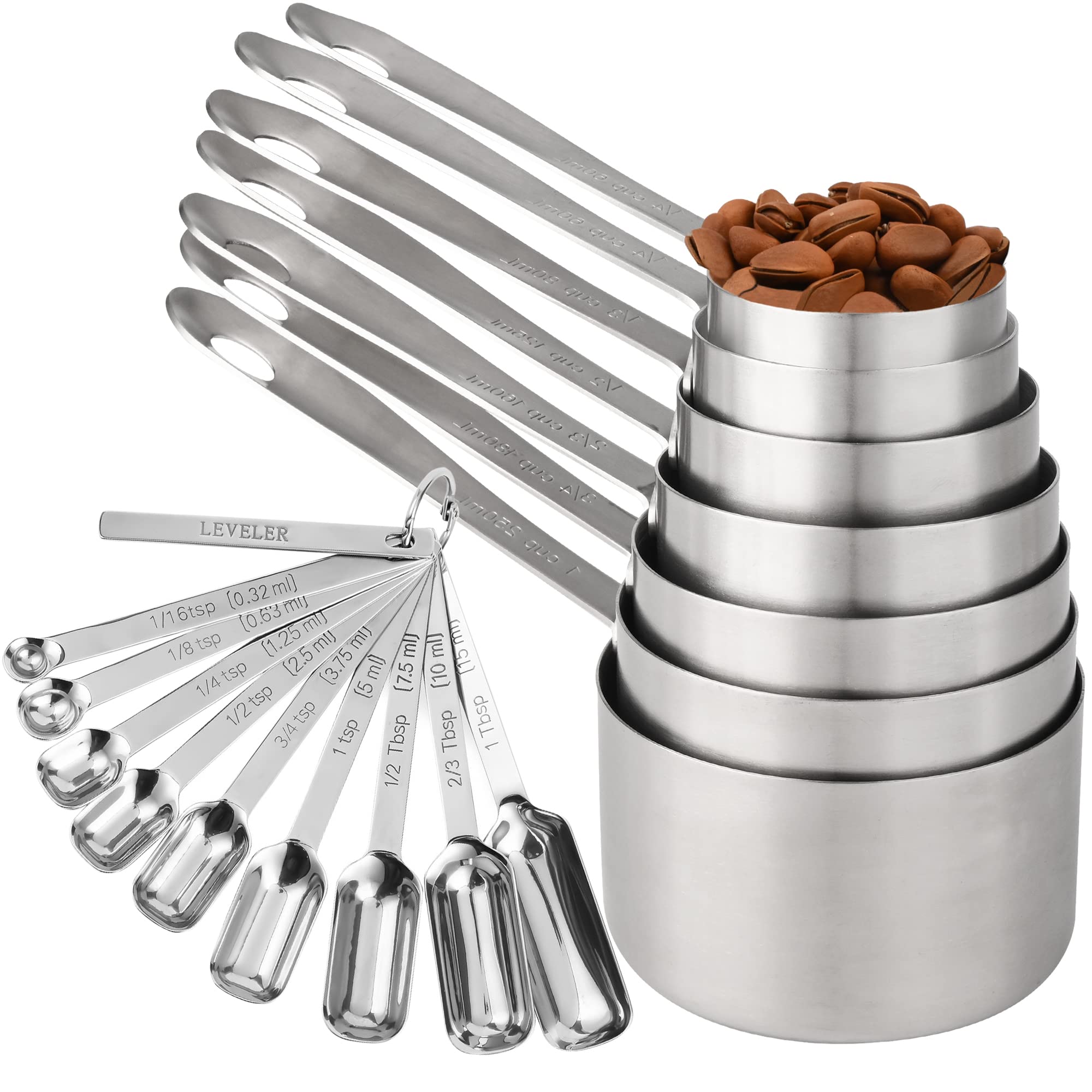 Messbecher und Löffel Set 18, 7 Edelstahl Messbecher-Set, 9 Gewürze lange Messlöffel mit 1 Nivellierer für Küche und Backen, 18/8 Stahl trockene metrische Messbecher & Löffel Set