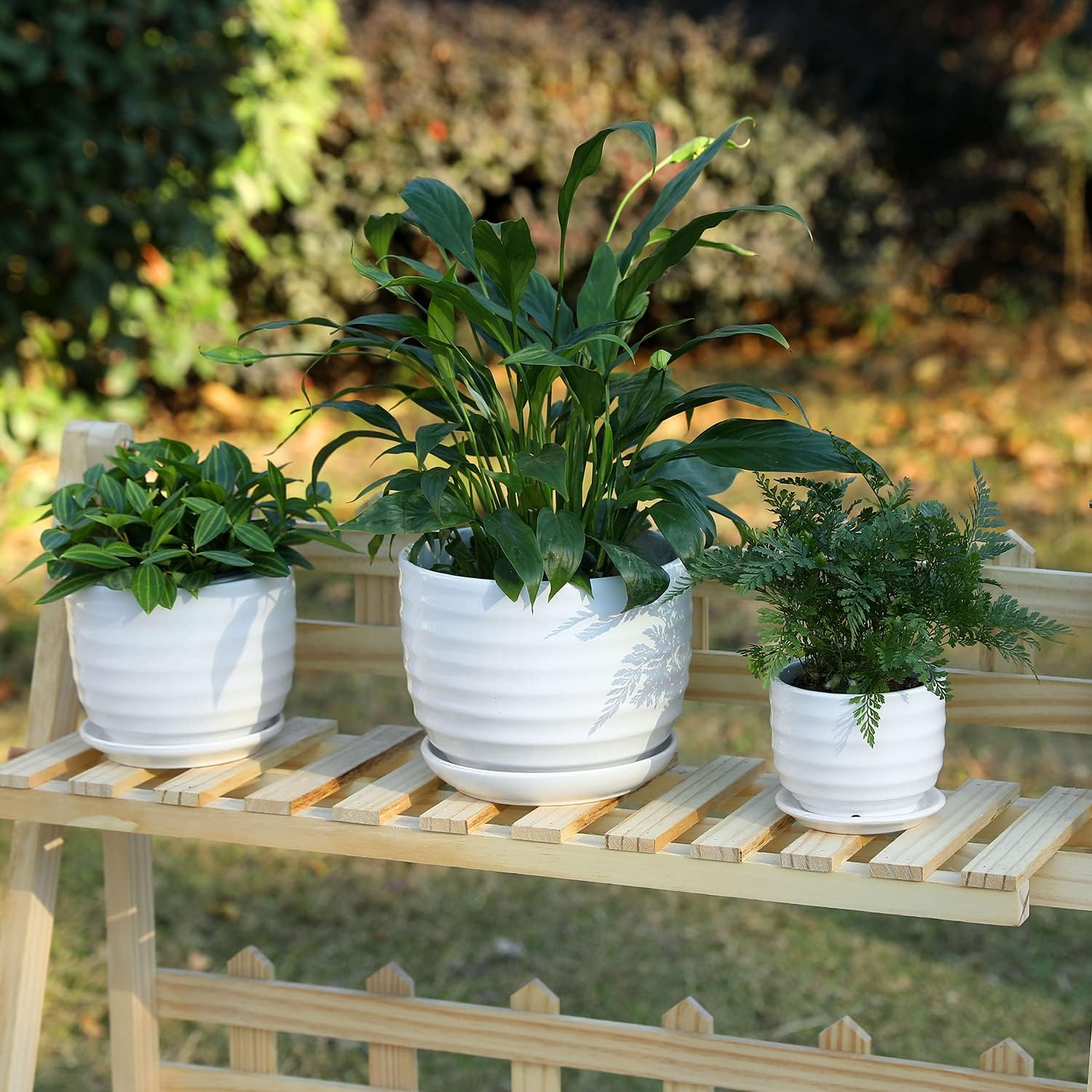 MyGift Small to Medium Round Modern Ribbed White Ceramic Garden Flower Planter Pots with Attached Saucers and Drainage Hole - 5.3 inch 4.3 inch 3.2 inch, Set of 3 : Patio, Lawn & Garden