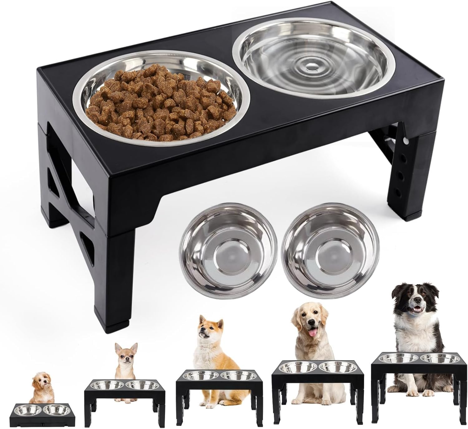 Bol pour chien surélevé réglable en hauteur avec 5 hauteurs Support de bol pour chien avec 2 bols pour chien Bol d'alimentation en acier inoxydable pour grands, moyens et petits chats et chiens Noir
