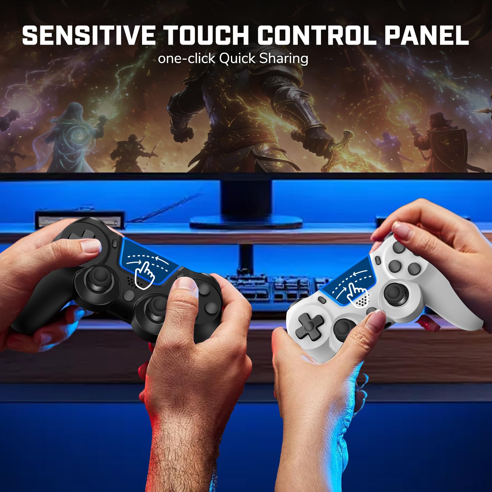 Confezione da 2 controller wireless PS4, controller di gioco wireless per PS4/Pro/Slim/PC con doppia vibrazione/sensore a 6 assi/controllo del movimento/touch pad/jack audio da 3,5 mm (nero e bianco)