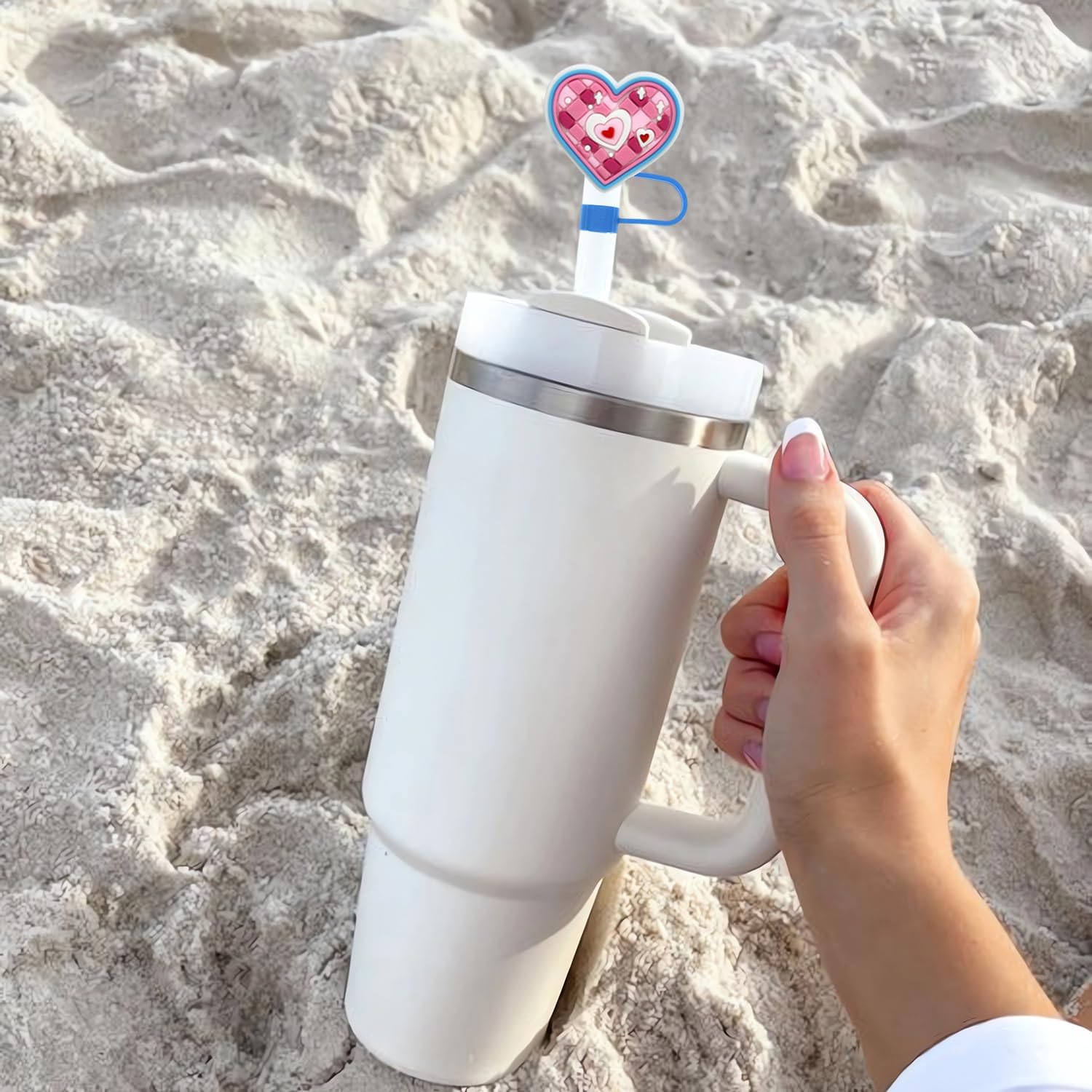 9 Pcs Heart Straw Cover 10mm 0.4in Cute Straw Toppers Blue Pink Heart Shape Straw Cover Caps Reusable Drinking Straws Tips Cover Valentin's Day Straw Topper for Stanley Cup Accessories Decorations