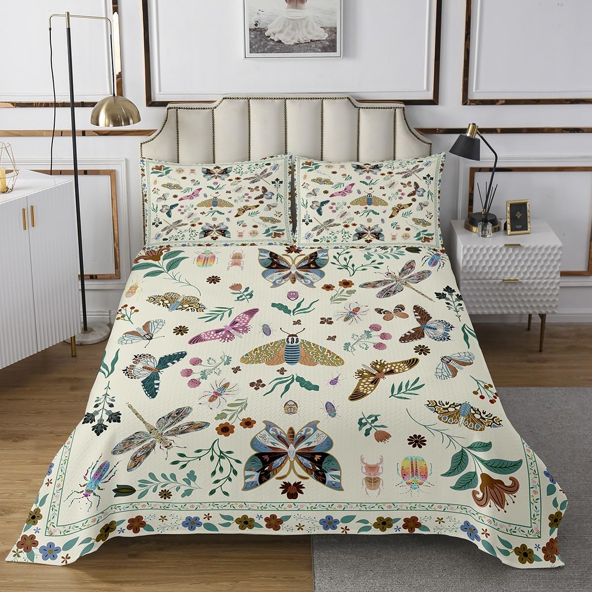 Homemissing Floral Tagesdecke 170x210cm Vinatge Botanischer Grün Schmetterling Steppdecke für Kinder Retro Boho Blumen Wohndecke Blüte Dragonfly Gelb Beige Zimmer Dekor