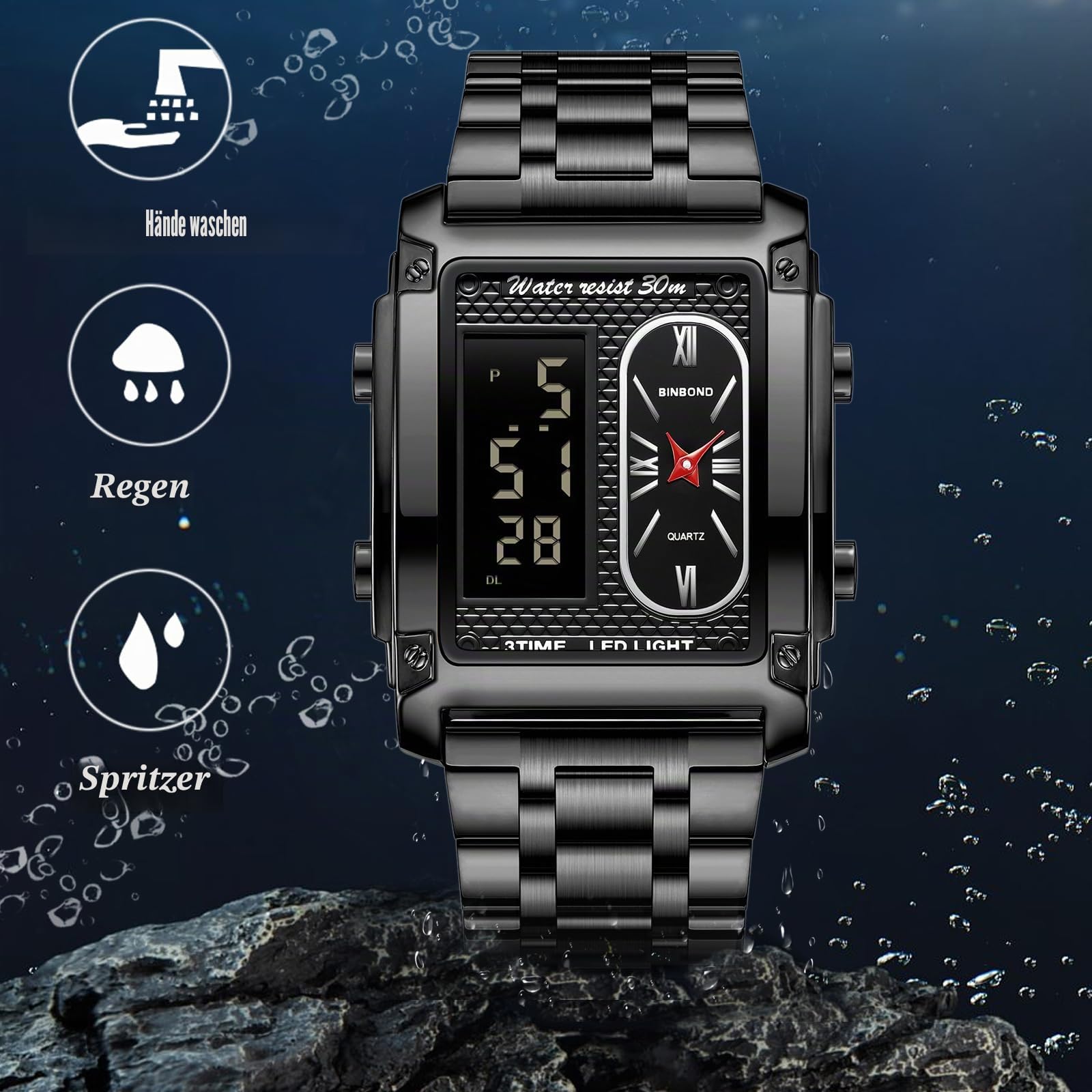 JewelryWe Herrenuhr Chronograph Multifunktional Uhr 30m Wasserdicht Militär Analog Digital Armbanduhr Herren Edelstahl Rechteckig Digitaluhr Sport Uhr mit LED Multizeit Kalender Wecker Stoppuhr