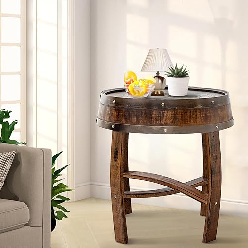 Miniatura 5 de Mesa auxiliar de barril de whisky rústica hecha a mano, mesa auxiliar redonda de madera maciza de 23 pulgadas, mesita de noche estilo granja para